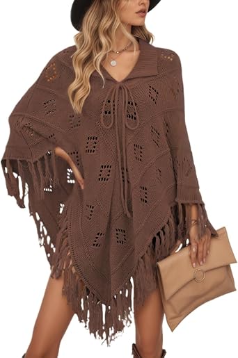 OCUH Poncho Shawl Boho Fringe Lapel Collar Crochet Pullover Cape Shawl Wraps Hollow Crochet Cloak Loose Over Knitted Sweater