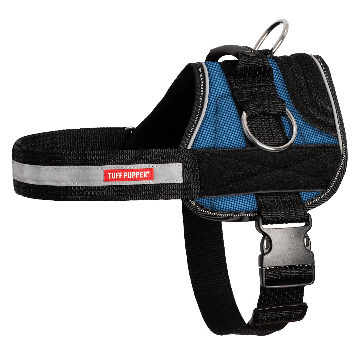 Tuff Pupper Quick Fit Harness for Small Dogs | No Pull No Choke, Escape-Proof | Rugged Padded Breathable Vest | Traffic Control Handle | 3 Leash Clips | Reflective Trim | Easy On Off (S, Blue)