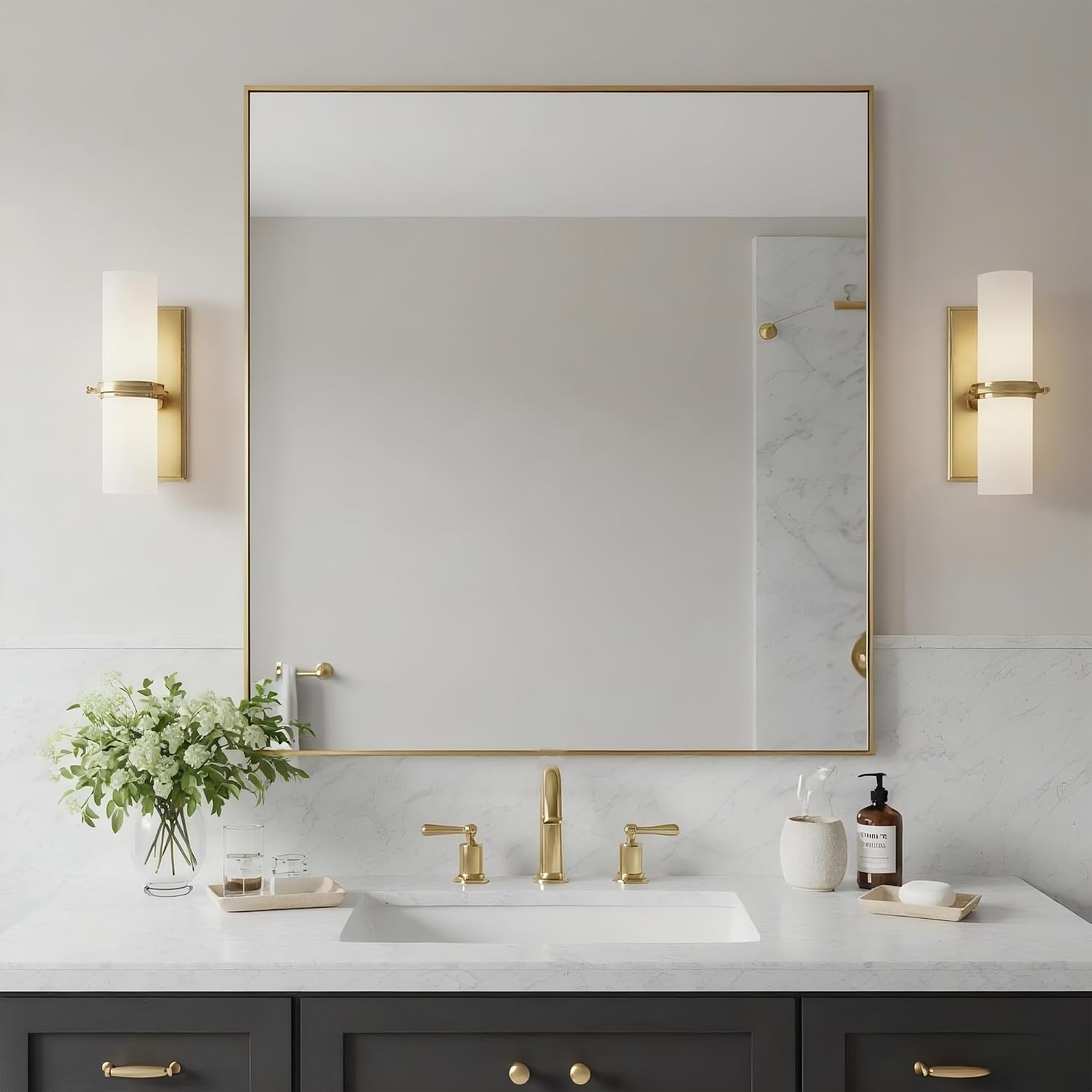 24x24 Inch Brass Bathroom Mirror for Wall, Aluminum Frame Rectangle Rectangular Vanity Mirror, Modern Large for Bedroom, Living Room, Horizontal or Vertical image 2