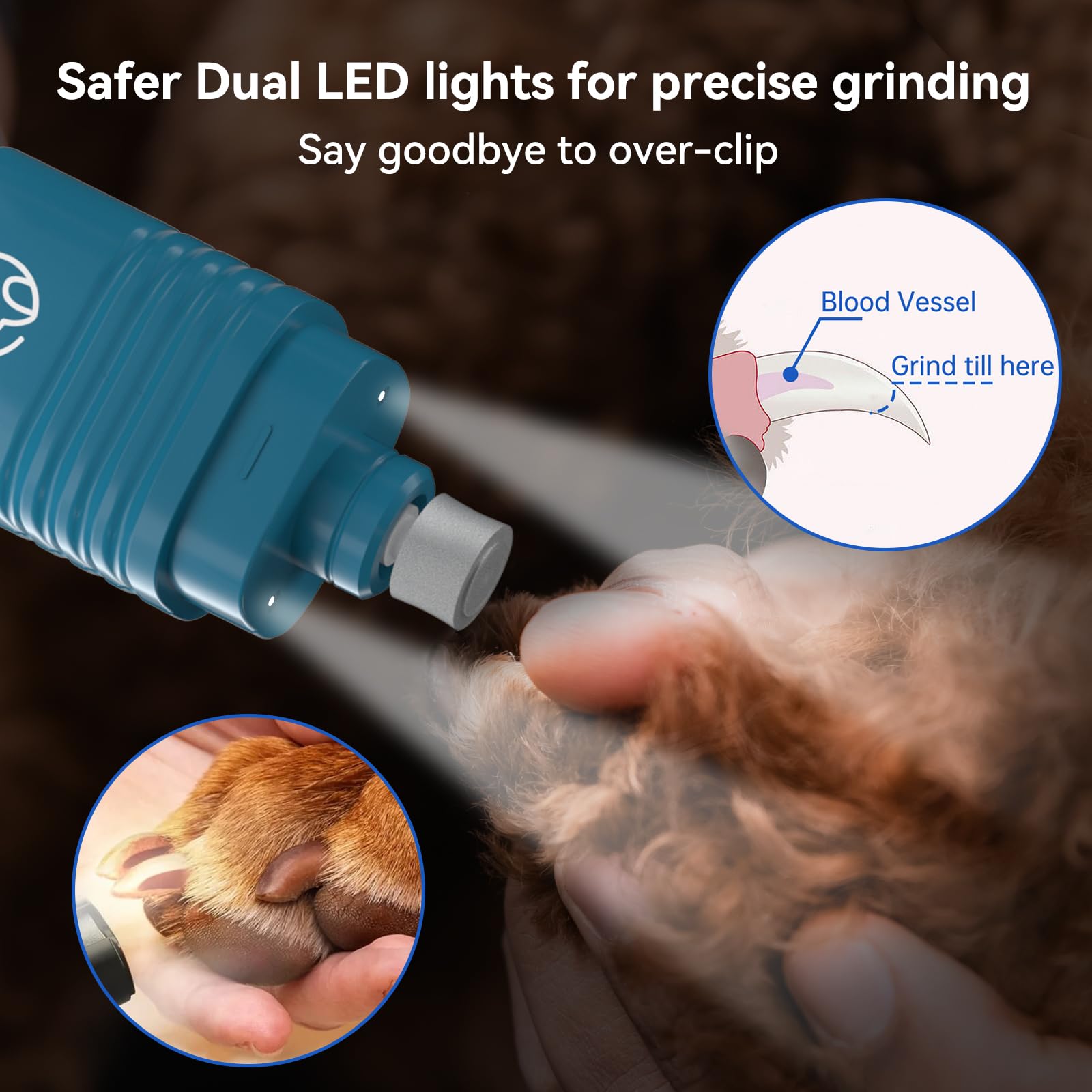 PAPIFFEED Dog Nail Grinder with LCD Display – Quiet Electric Nail Trimmer with Dual LED Light, Safe for Black & Thick Nails, Rechargeable for Small Medium Large Dogs & Cats (Blue) - image 3