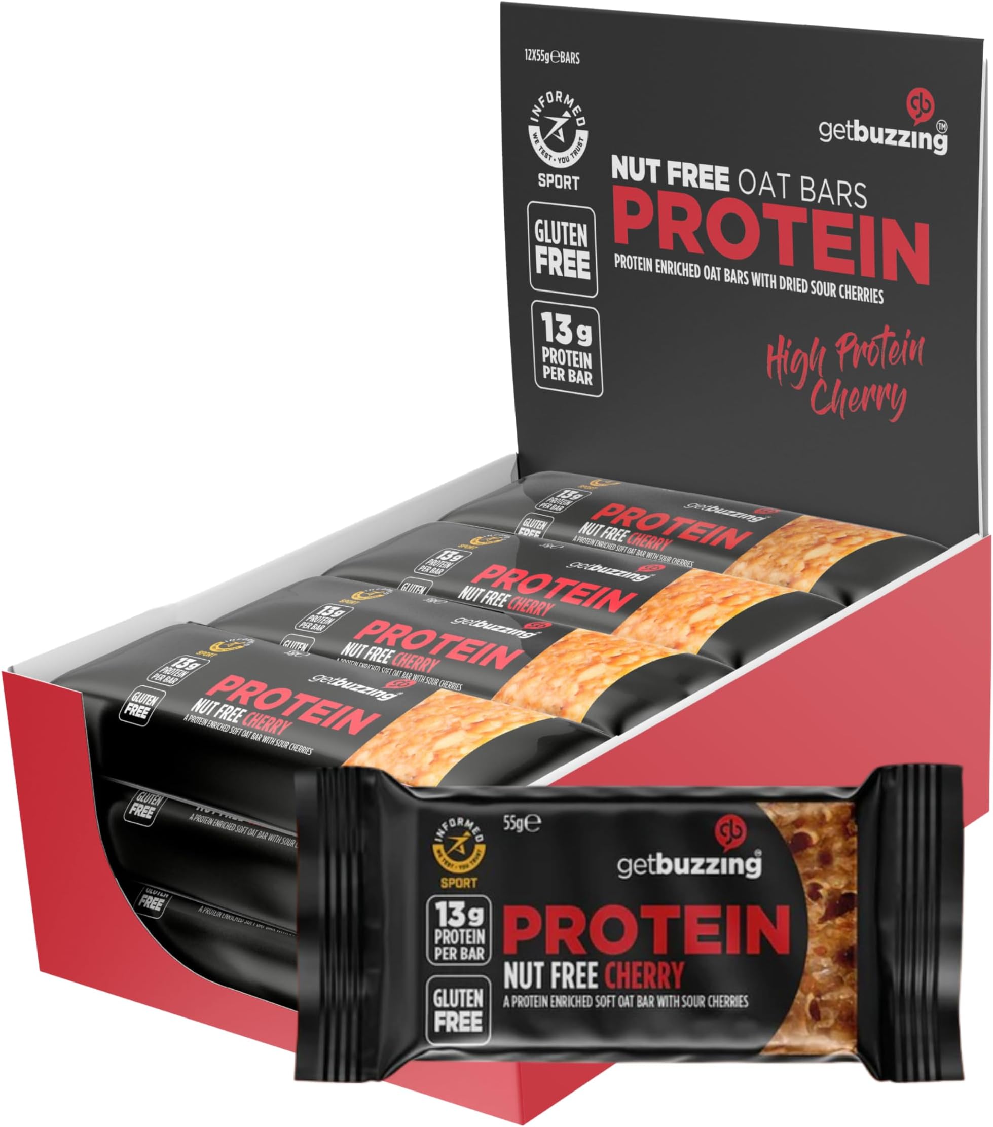 Getbuzzing High Protein Nut Free Flapjack - Cherry 55g - Healthy Snack Bars - Gym, Running, Cycling - Pure Protein Made in the UK - Pack of 12 bars