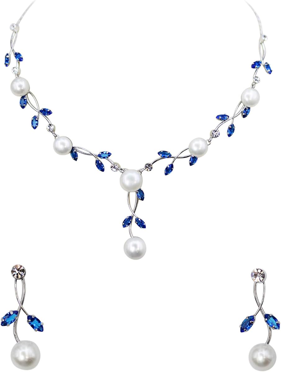 Faship Genuine Freshwater Pearls Floral Necklace Earrings Set | Premium CZ Crystal, Gorgeous, Sparkling