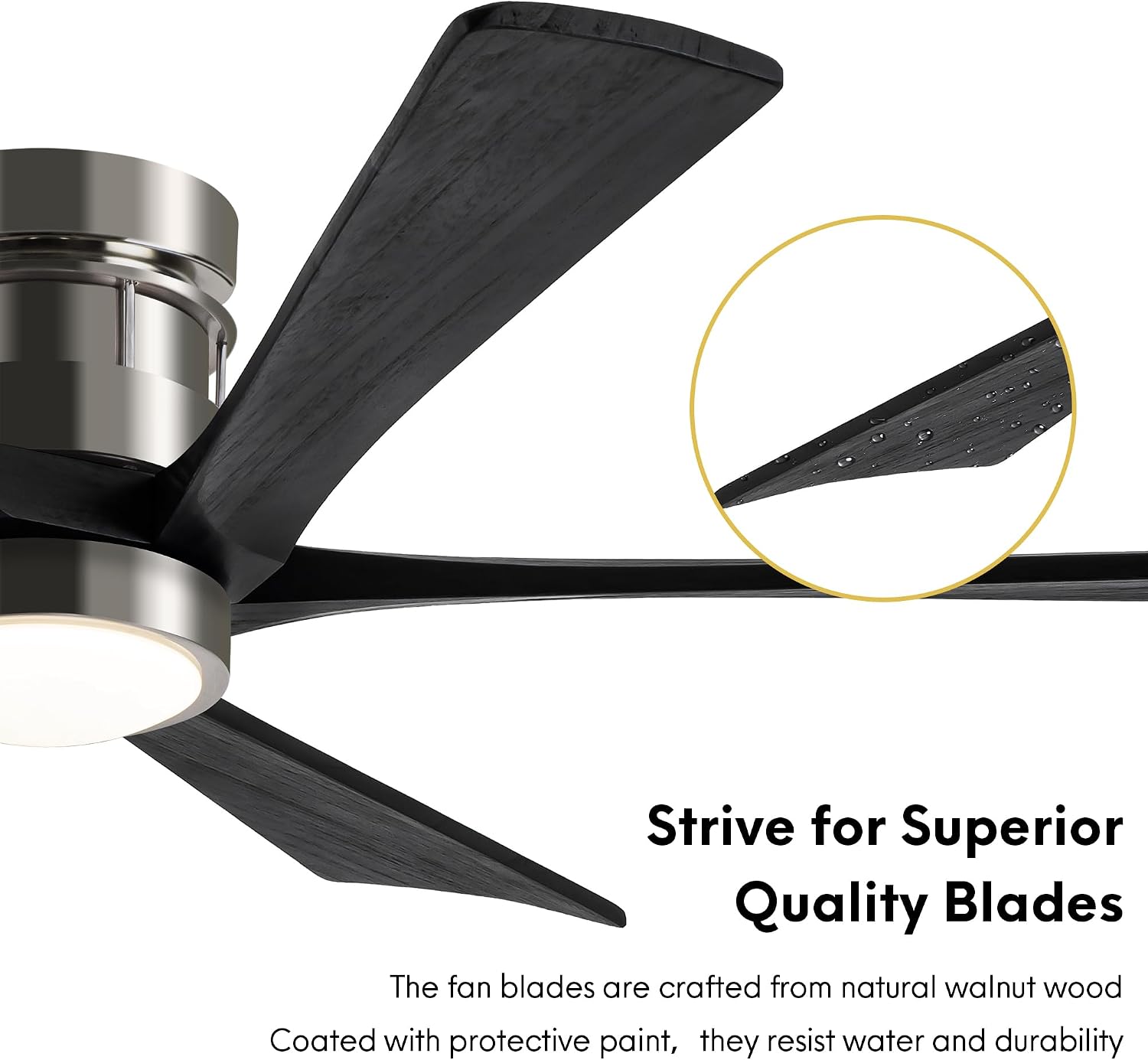 EKIZNSN 72 Inch Brushed Nickel Flush Mount Ceiling Fans with Lights for Patios, 110V Noiseless Reversible DC Motor, 6-Gear Speed (Nickel Finish with Black Blades)