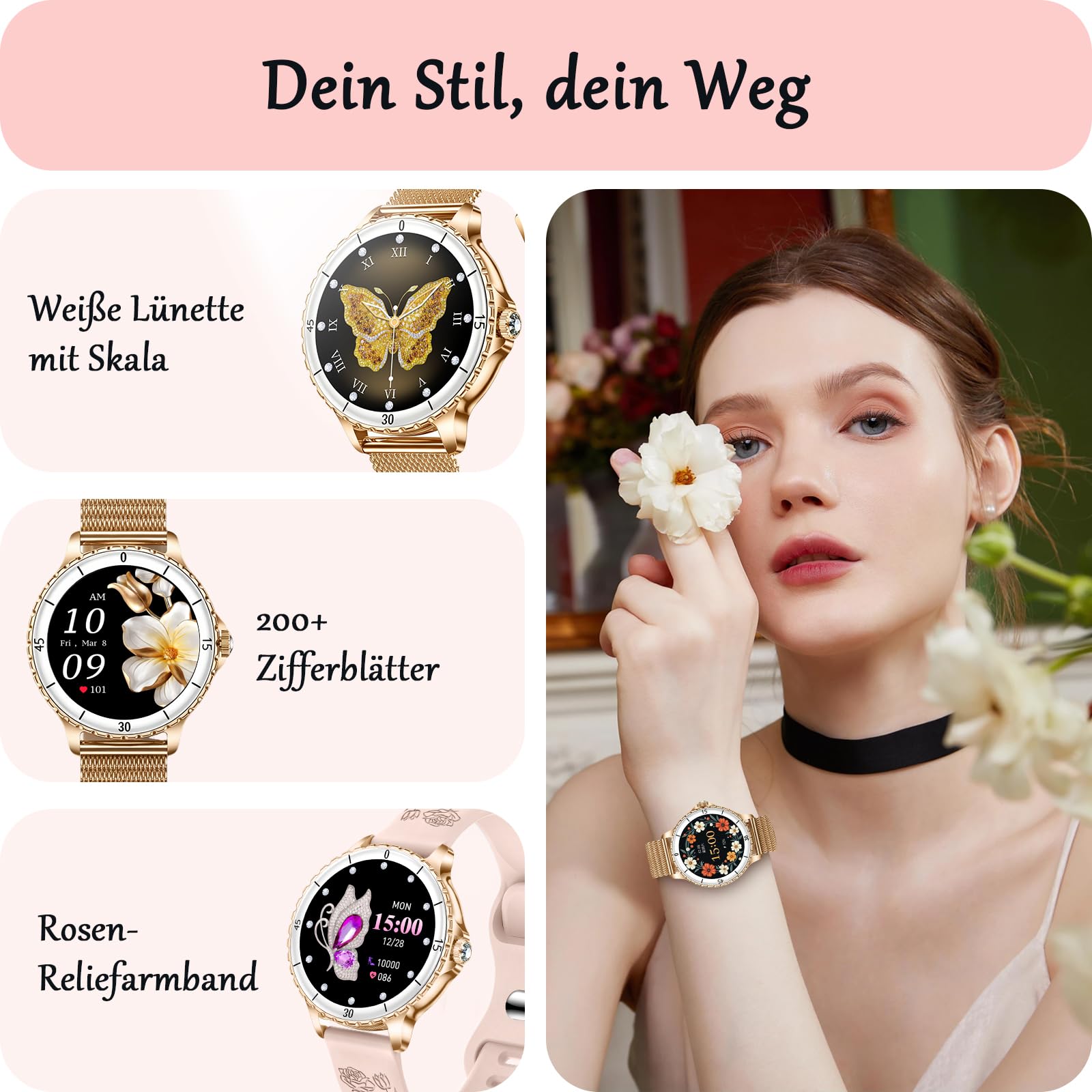 Smartwatch Damen mit Telefonfunktion, 1,27", 2 Armbänder, Rose Gold | 120+ Sportmodi Fitness Tracker, Herzfrequenz/SpO2/Schlaf Monitor Schrittzähler, IP68 Wasserdicht Sportuhr für iOS Android