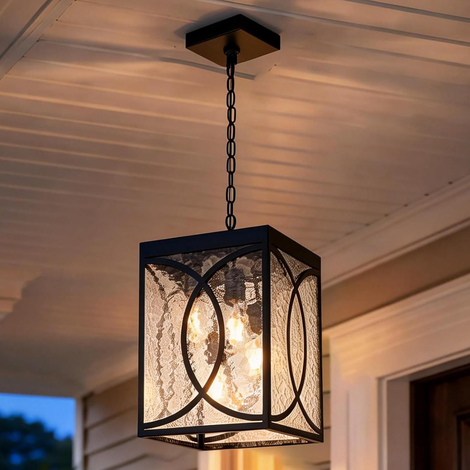 4-Light Black Large Outdoor Pendant Light Fixture, Height Adjustable Exterior Hanging Porch Lighting, Ceiling Mount Lamp with Hammered Glass Panel, E26 Bulb Base(Bulb Included)