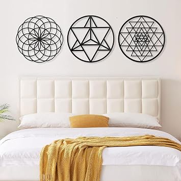 Sacred Geometry Set of 3 Metal Wall Art, Sri Yantra, Merkaba, Torus, Mandala Metal Wall Decor, Metal Geometric Decor, Spiritual Decor, Home Meditation Living Room Decor, Housewarming Gift (45x14 | 115x35cm, Gold)