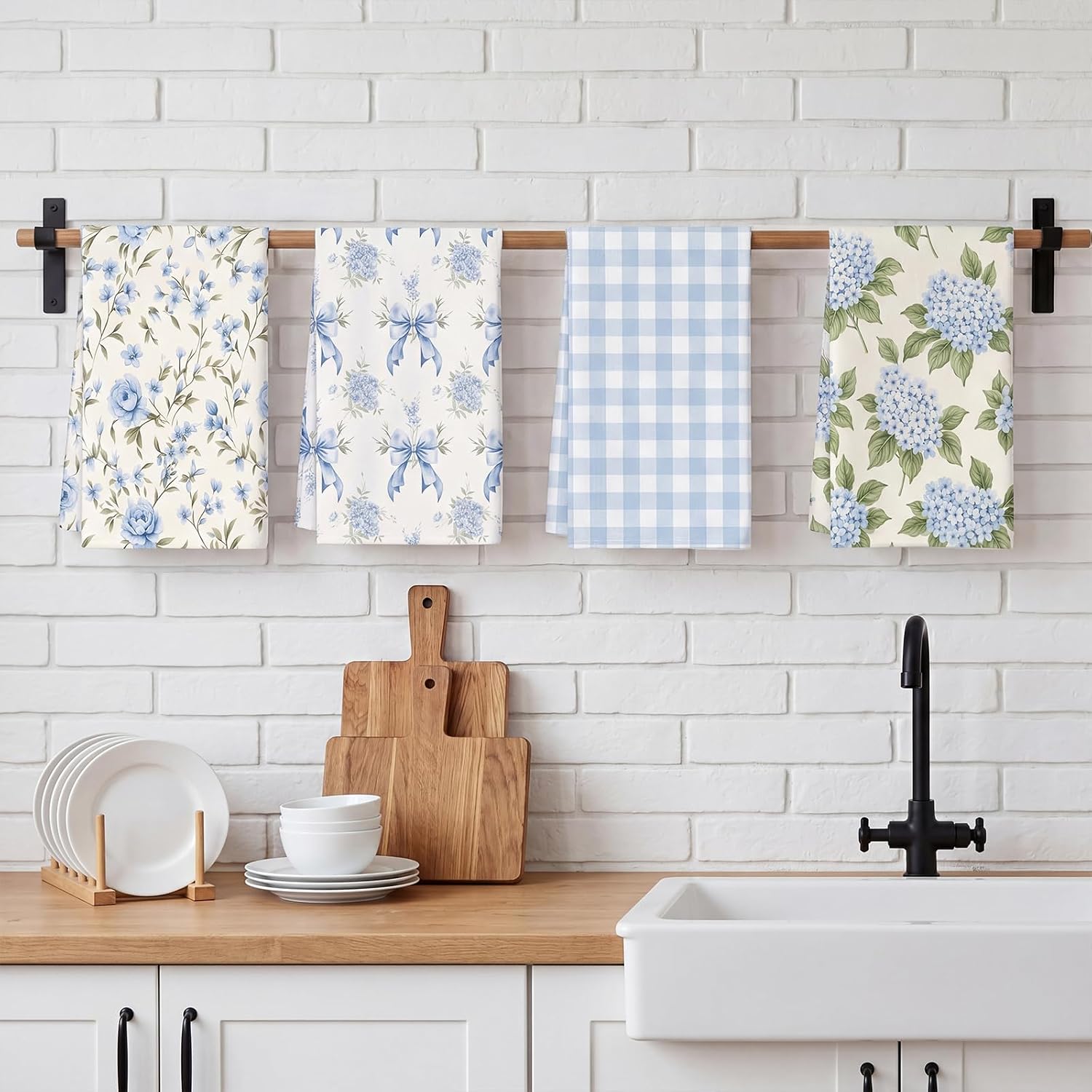 Tudomro Set of 4 Hydrangea Kitchen Hand Towels 16 x 24 Inch Blue Gingham Hydrangea Kitchen Decor Spring Summer Floral Dish Towels for Home Bathroom