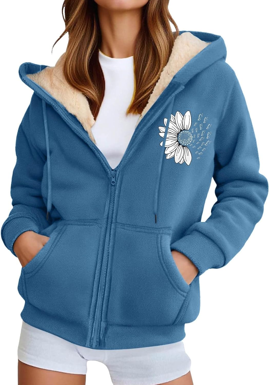 Felpe da donna con foro per il pollice, caldo e morbido, a maniche lunghe, con cappuccio, con cerniera, con tasche, per donne e ragazze del Regno Unito, Blu 3, S