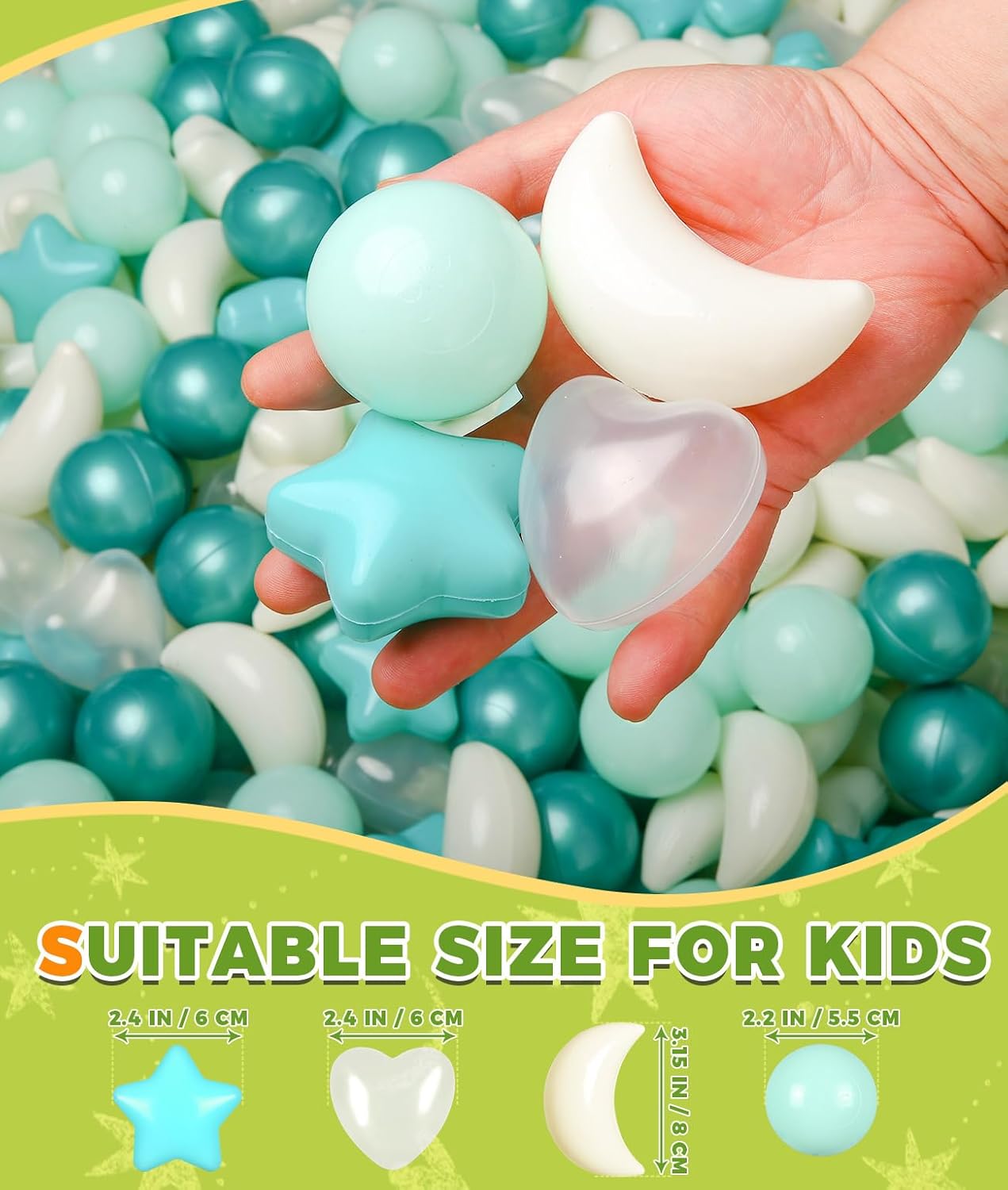 TRENDPLAY Ball Pit Balls for Toddlers, Star Heart Moon Shape, Plastic Toy Balls for Boys Girls Kids Dogs 50 200 500