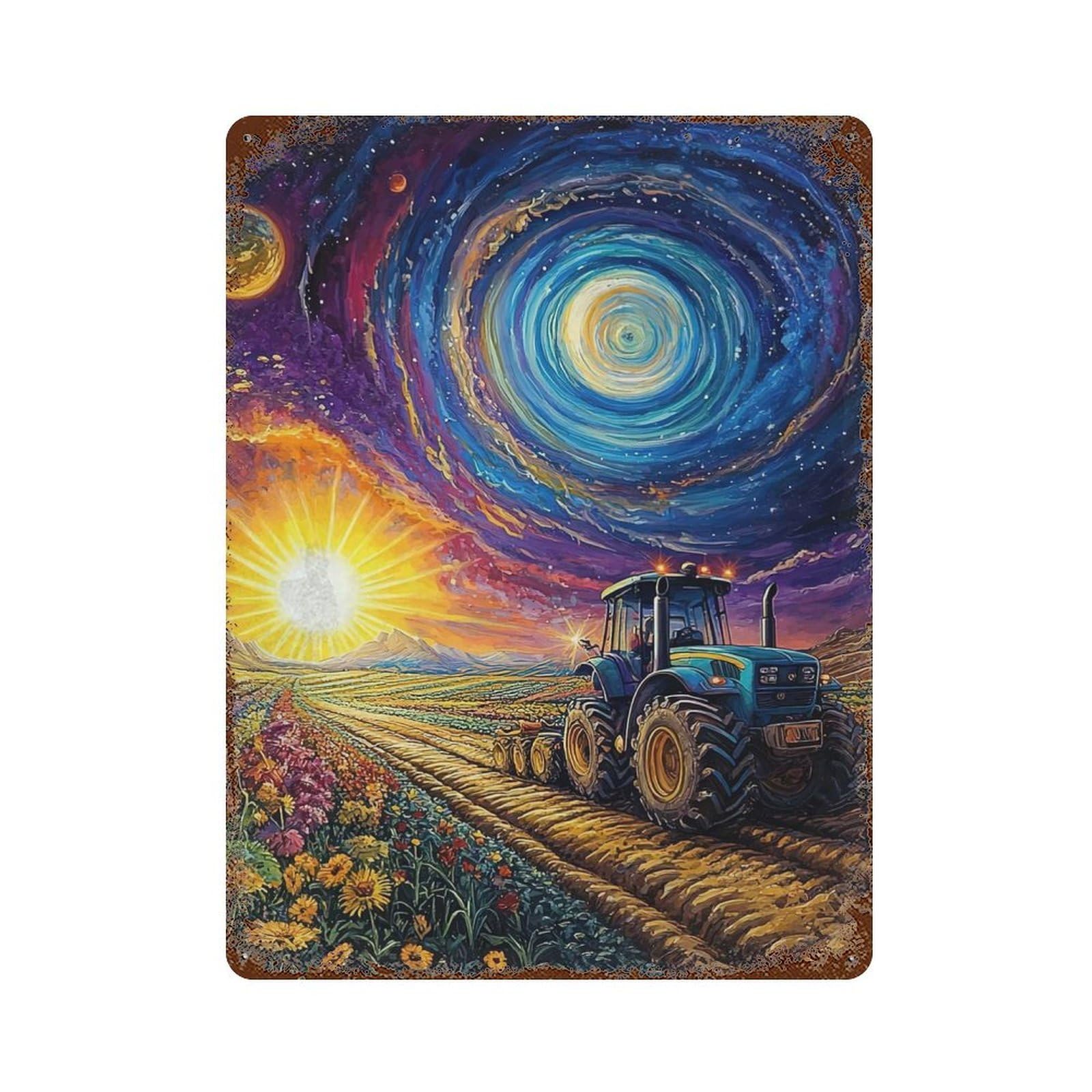 Tractor Under Cosmic Sky Rusty Metal Tin Sign 15.7"x11.8", Rustic Home Decor for Living Room, Hallway And Home Decor