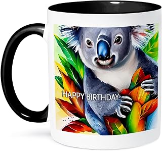 3dRose Happy Birthday nice koala Australian bear animal. Greeting card, gift 11oz Two-Tone Black Mug