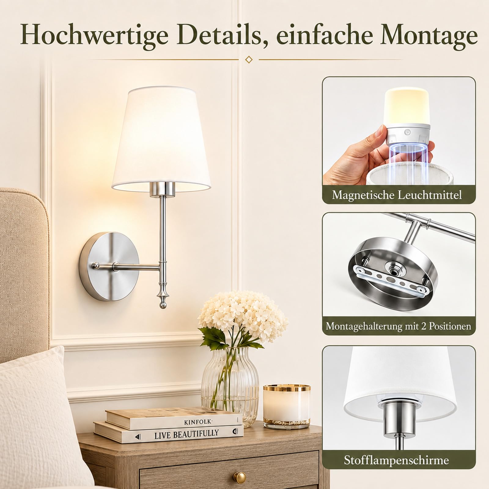 LED Wandleuchte Innen Akku 2 Stück - Stoffschirm Wandlampe Innen Silber