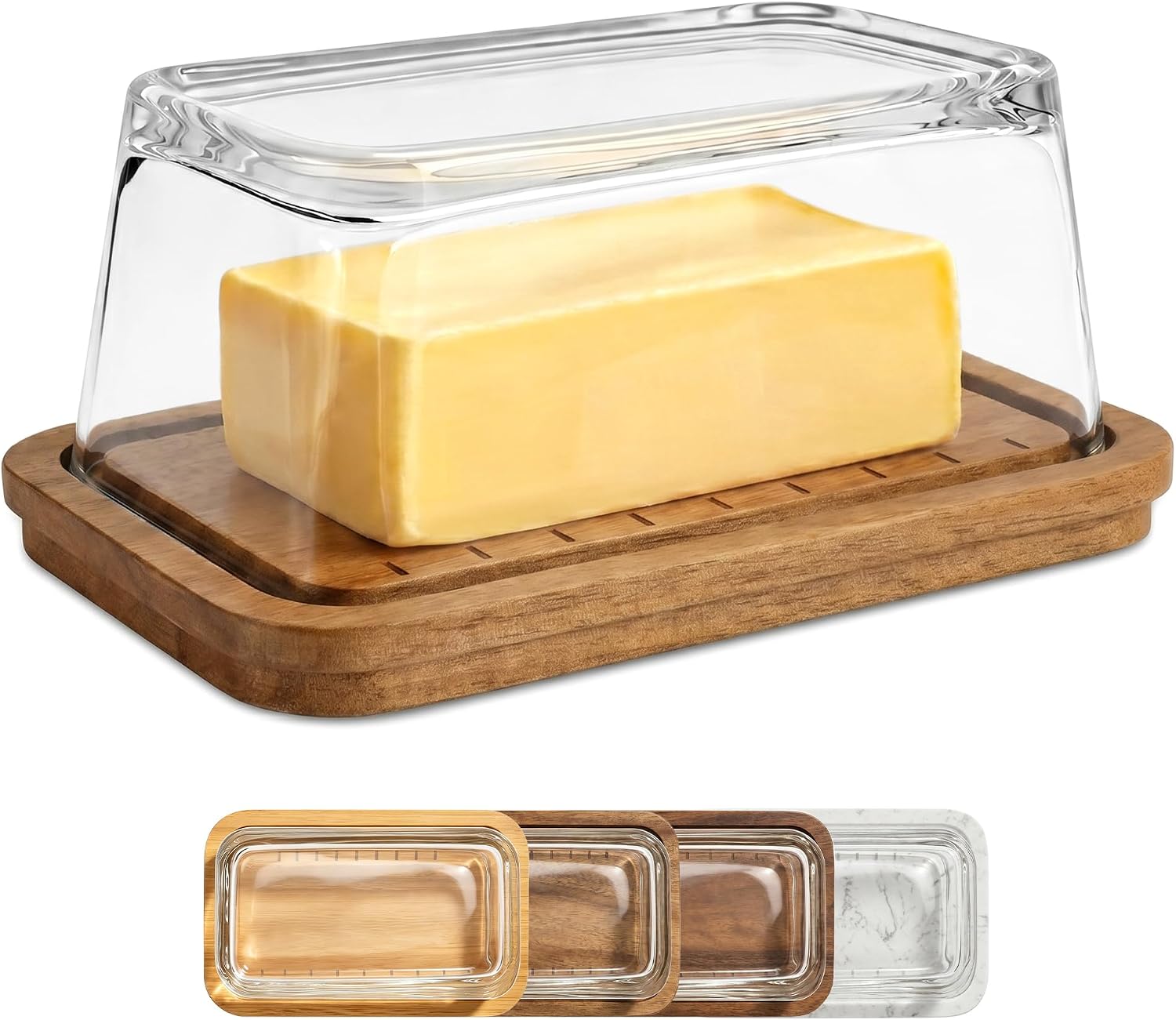 Glass Butter Dish with Lid, Acacia Wood Base, Butter Keeper for Countertop