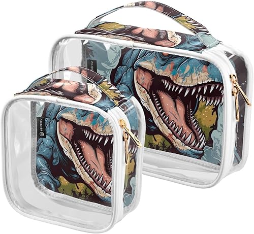 Miniatura 1 de Tyrannosaurus Rex - Neceser transparente de dinosaurio para viajar, paquete de 2 bolsas de cosméticos de maquillaje con cremallera, bolsa de viaje