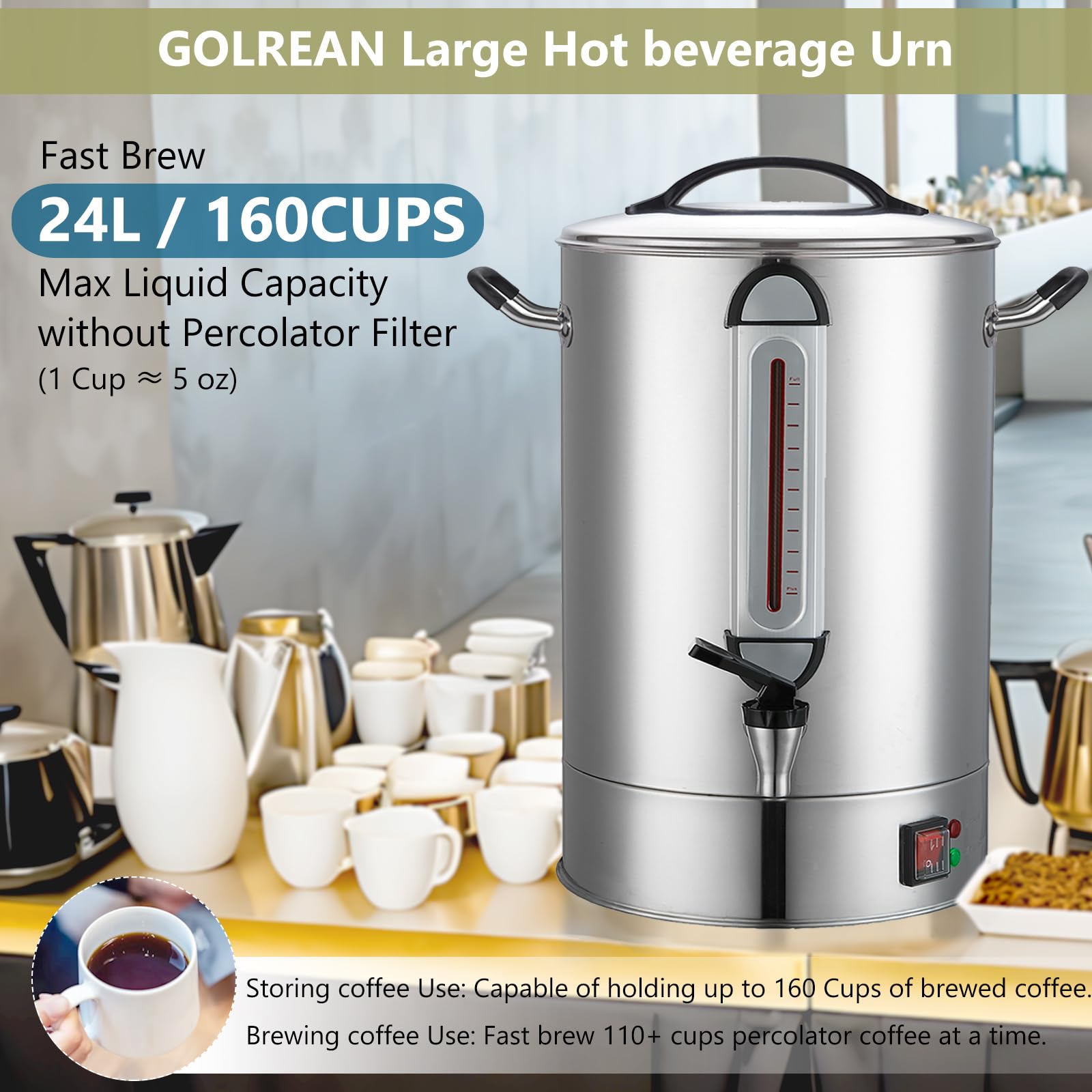 Urna de café comercial de acero inoxidable de 24 l y 160 tazas, dispensador caliente para catering, cafetera de gran capacidad de grado comercial para salas de reuniones, iglesia, escuela,