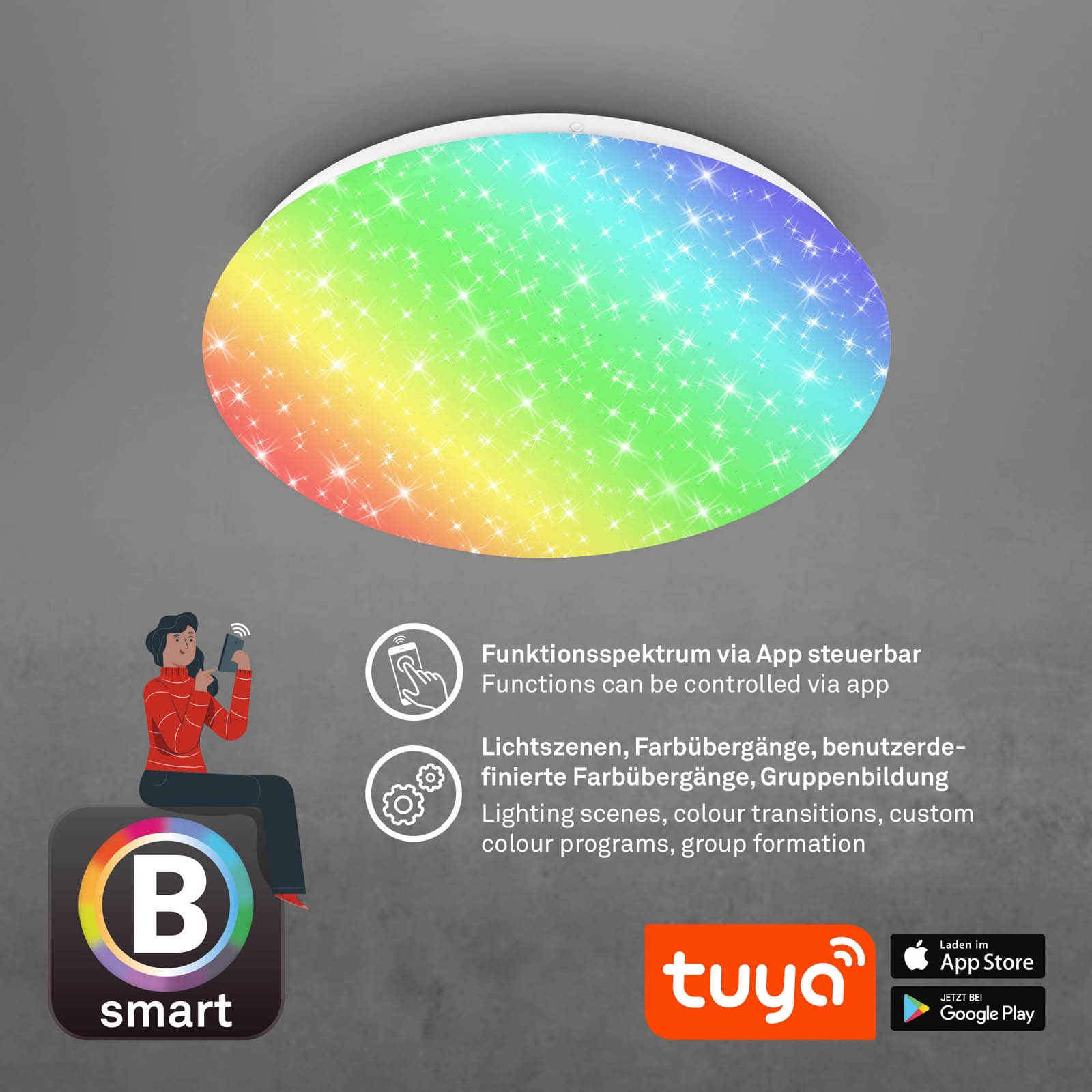 BRILONER - LED Bad Deckenlampe Smart Home, funktioniert mit Alexa, buntes RGB+W Licht, LED Deckenleuchte, LED Lampe, Badlampe, Badezimmerlampe, Küchenlampe, Feuchtraumleuchte, 33x10 cm, Weiß