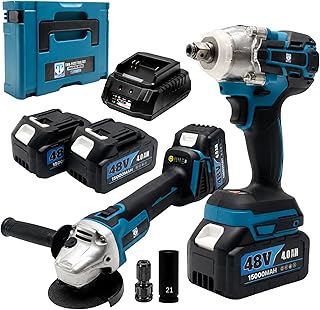 THOR 48V 2 PcsCordless Combo Kit – Brushless Impact Wrench 450Nm + Angle Grinder 5 Inch 660W | 1/2" Drive | 2x 48V Batteries & Fast Charger | Power Tool Set with Carrying Case |