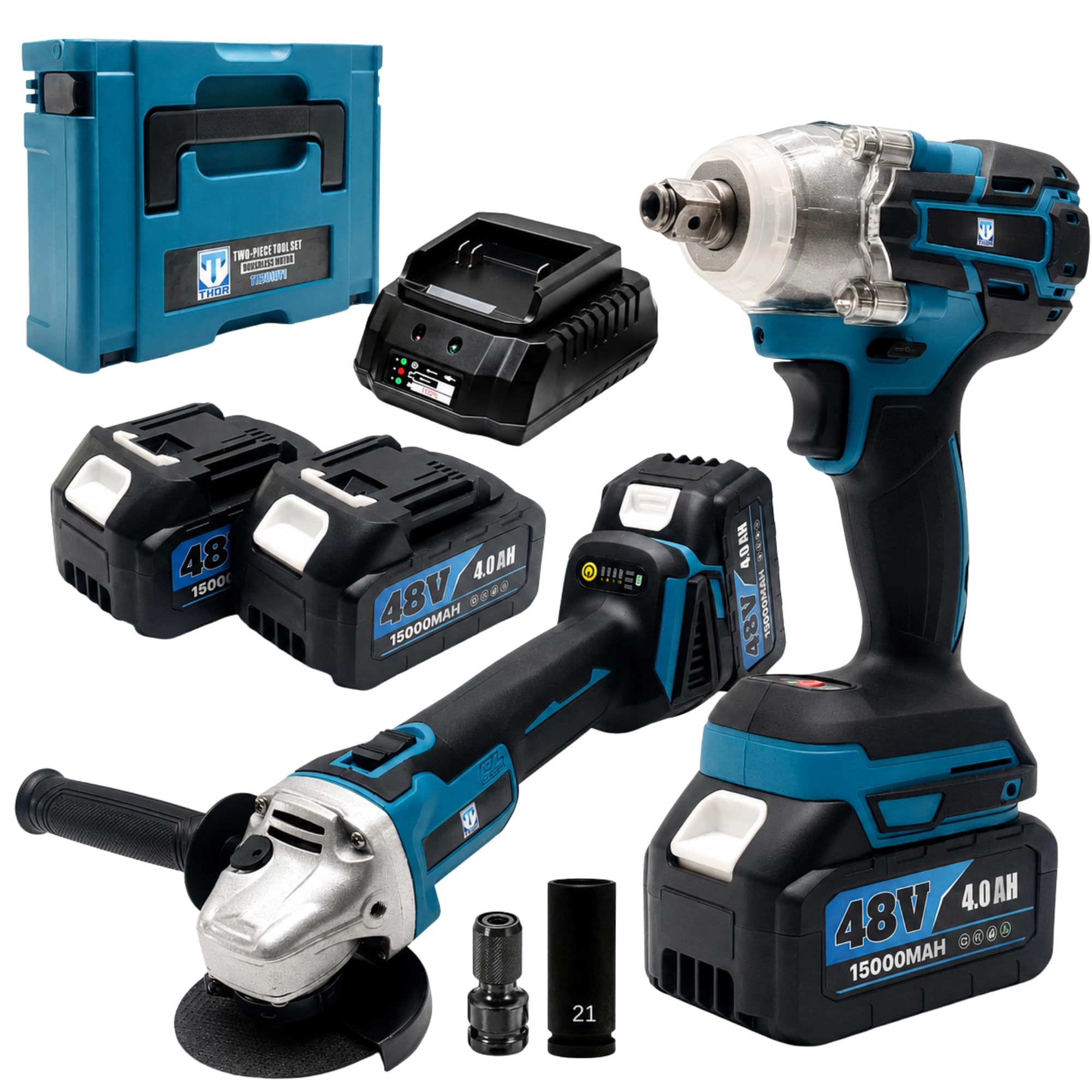 THOR 48V 2 PcsCordless Combo Kit – Brushless Impact Wrench 450Nm + Angle Grinder 5 Inch 660W | 1/2" Drive | 2x 48V Batteries & Fast Charger | Power Tool Set with Carrying Case |-image-25