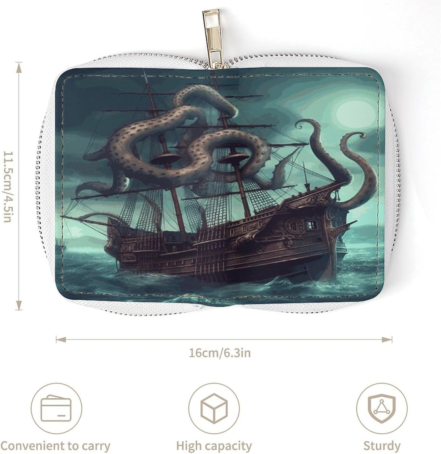 Leather Card Organizer Case Card Wallet Credit Card Holder Octopus Ship Printed Zipper Card Cases Holder for Women Men