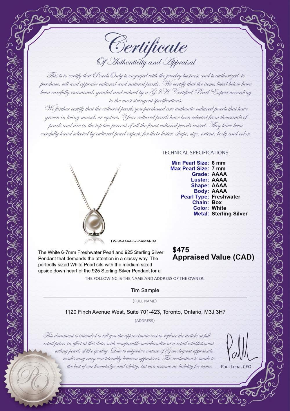 Amanda White 6-7mm AAAA Quality Freshwater 925 Sterling Silver Cultured Pearl Pendant For Women