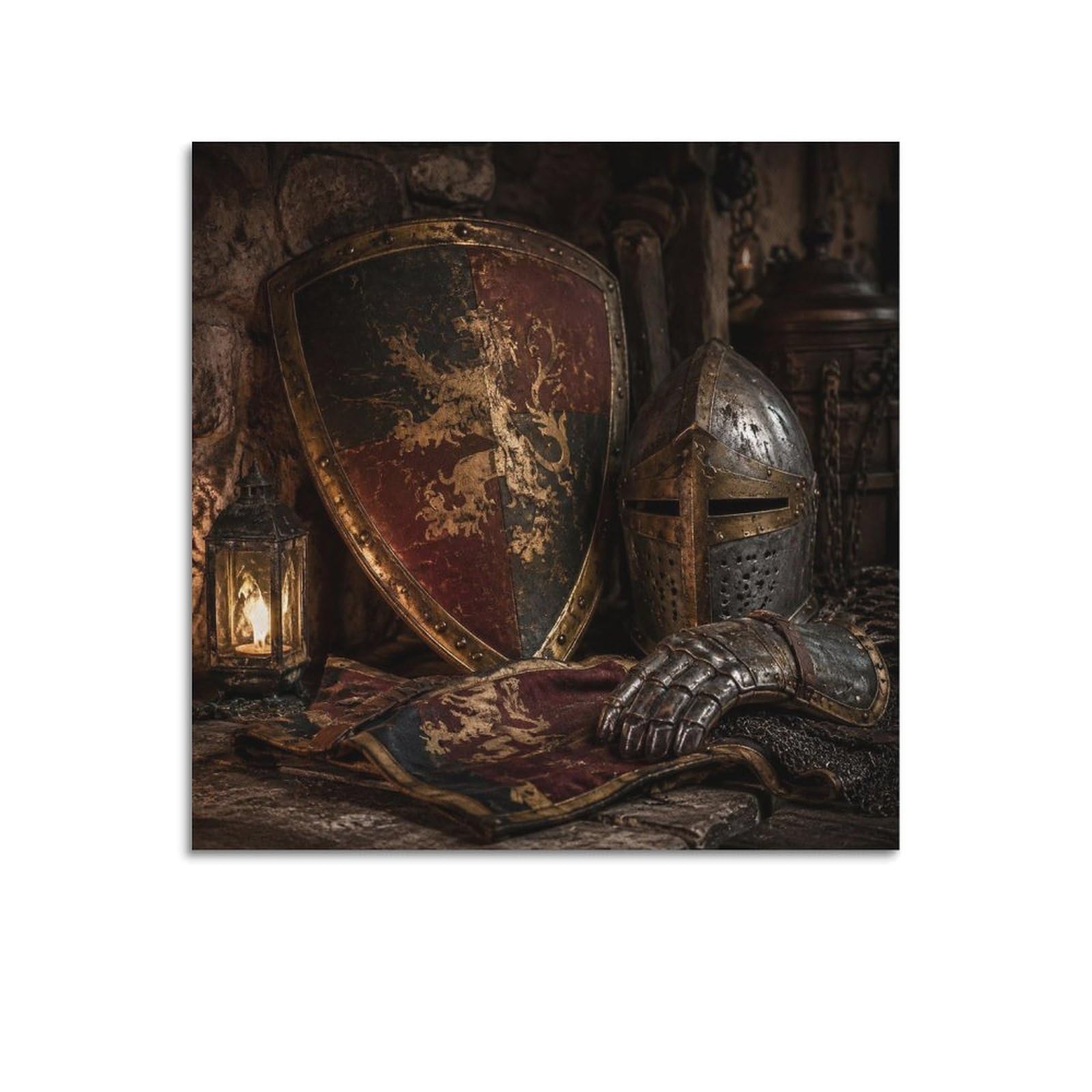 XKUGA Heraldic Shield Poster Wood Banner Medieval Helmet Relic Modern Decorative Canvas Prints - Ideal Wall Art for Family, Man Cave, Game Room, Boys & Girls Bedroom 12x12inch(30x30cm)