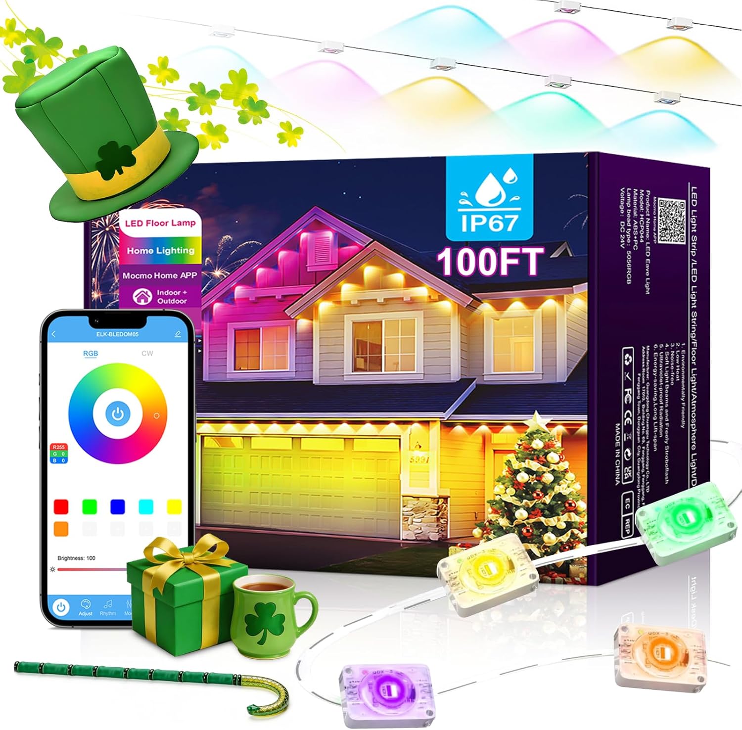 100ft Permanent Outdoor Lights for House, St. Patrick’s Day House Roof Lighting RGB+IC Smart Outdoor Decor 50 Scene Modes with App/Remote Control, IP67 Waterproof Decor Led Lights for Valentine’s Day