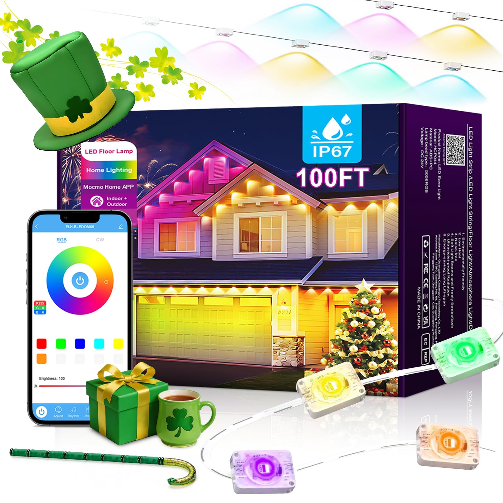 30,5 m permanente Außenleuchten für Haus, St. Patrick's Day Hausdachbeleuchtung, RGB+IC, intelligente Outdoor-Dekoration, 50 Szenenmodi mit App/Fernbedienung, IP67 wasserdichte Dekoration, LED-Lichter