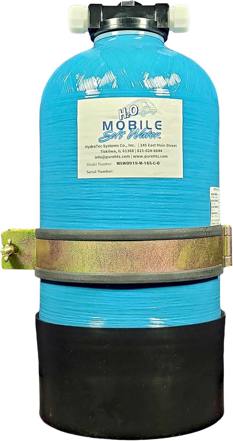 MOBILE SOFT WATER(R Portable 16,000 Grain Unit with Tank, Tank Head, NSF 61 Male GHC Tank Connections, Distributor, Resin, and Instructions. Metal Installation clamp Supplied as Pictured.