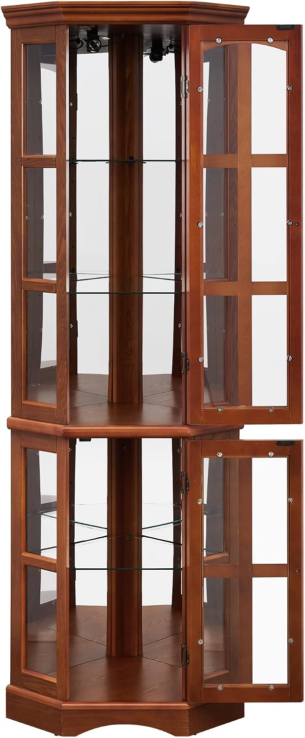 GOOD & GRACIOUS Corner Curio Cabinet with Lights, Adjustable Tempered Glass Shelves, Mirrored Back, Display Cabinet,Oak