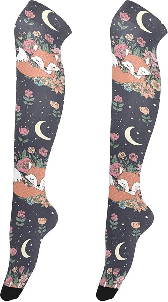 Fox Flowers Moon Night Sky Thin Thigh High Tights Socks for Women Girls, Above Knee Opaque Stockings,Cosplay Casual Sock