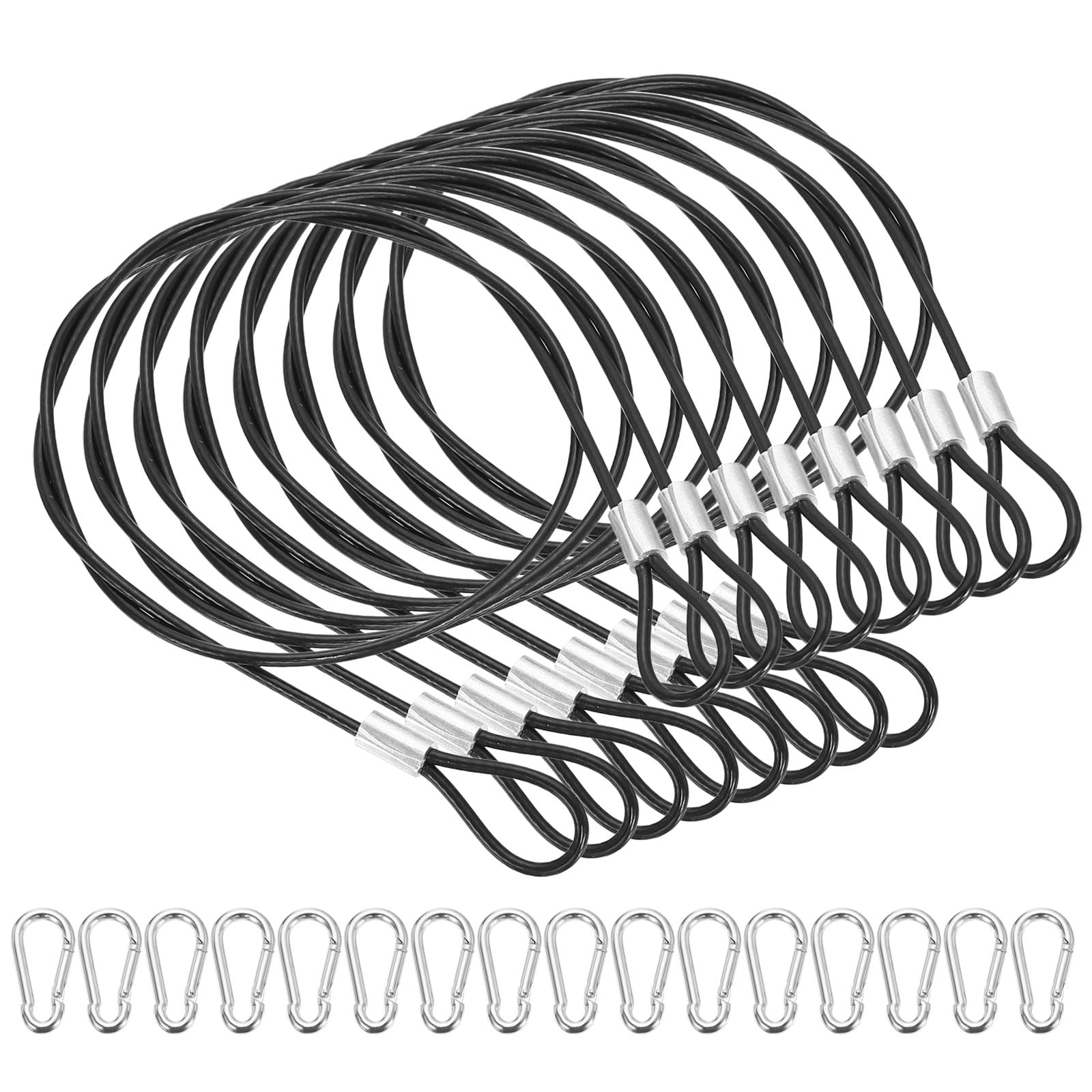 PATIKIL 20.5 Inch Safety Cable Lock, 8 Pcs 304 Stainless Steel Security Wire Ropes Double Loop Anti-Theft Safety with 16 Spring Buckles for Bicycles Luggage Stage Lighting, Black