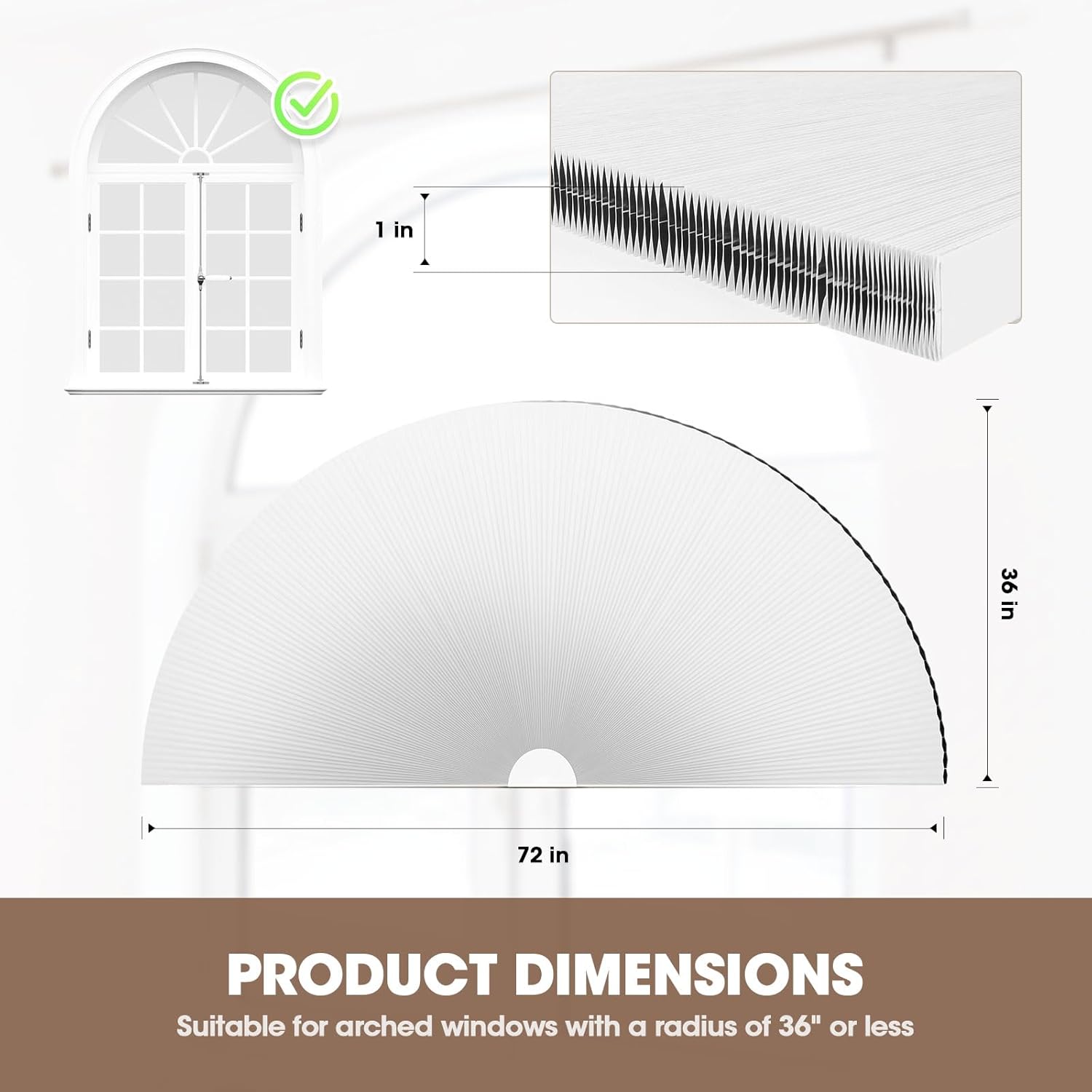 Half Circle Window Shades, Blackout Arch Blinds for Indoor Windows, Adjustable Honeycomb Blinds for Home No Drill, Magnetic Tape Easy Install, Radius 36" Grey