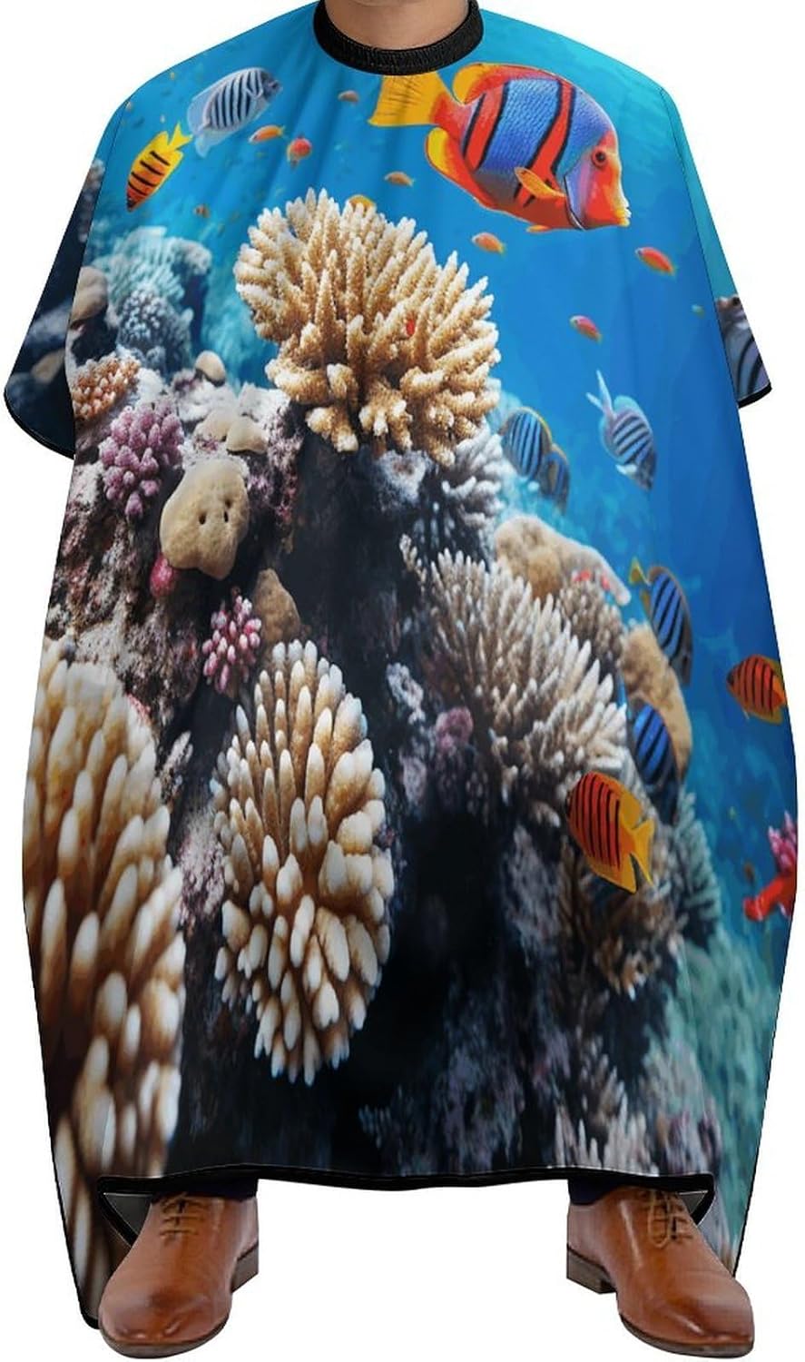 Ocean Tropical Fish Coral Apron for Women Men,Barber Cape with Adjustable Snap Closure,Hair Cutting Cape,66.9 X 56.7 Inches for Hair Dye, Comb-out, Styling, Shampoo