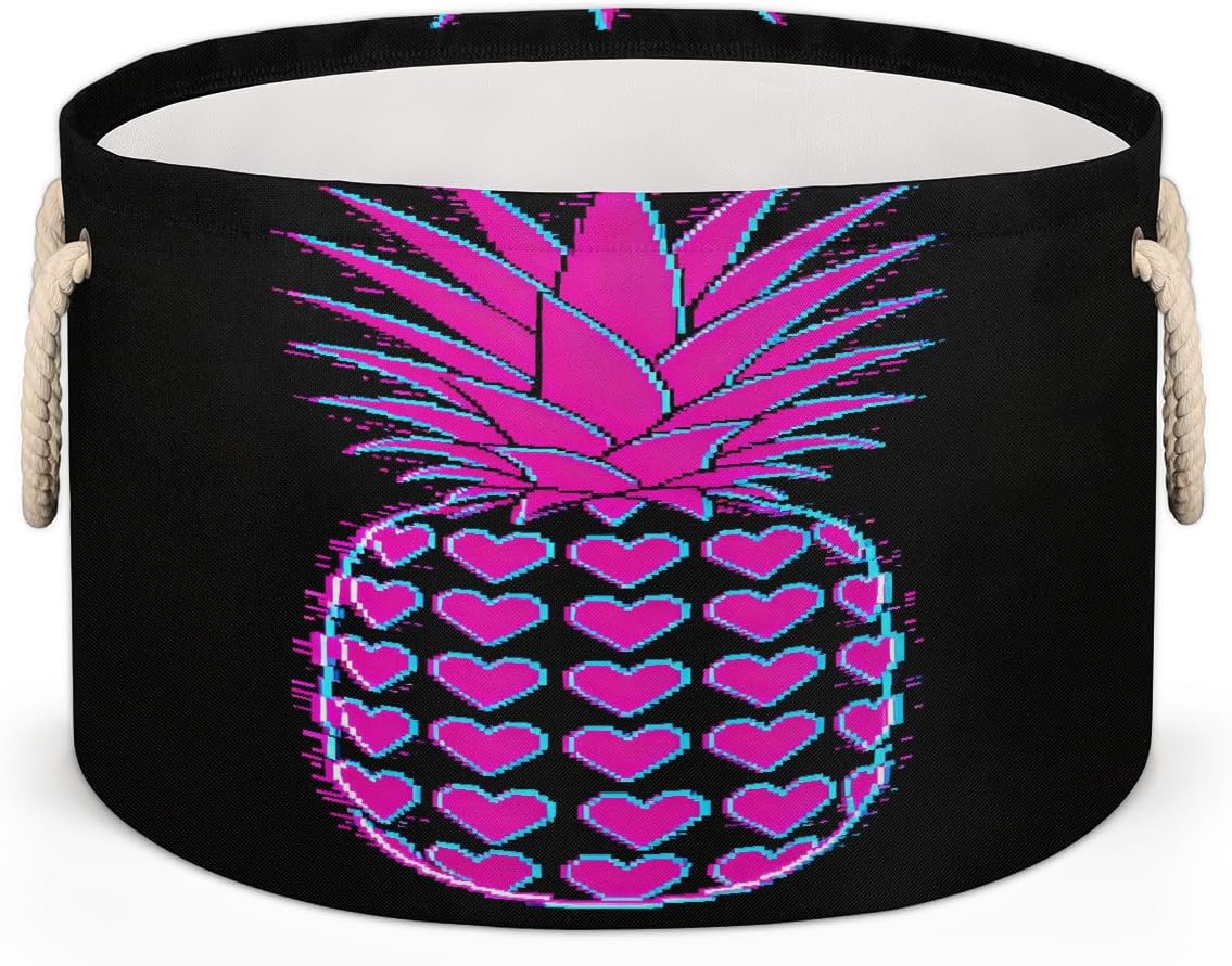 Large Storage Baskets - Pineapple Heart Nursery Round Collapsible Organizer Bin Box, Laundry Hamper for Kids Toys, Blanket, Bedroom Living Room Home Decor, Gift Basket, 19.4"x13.3"