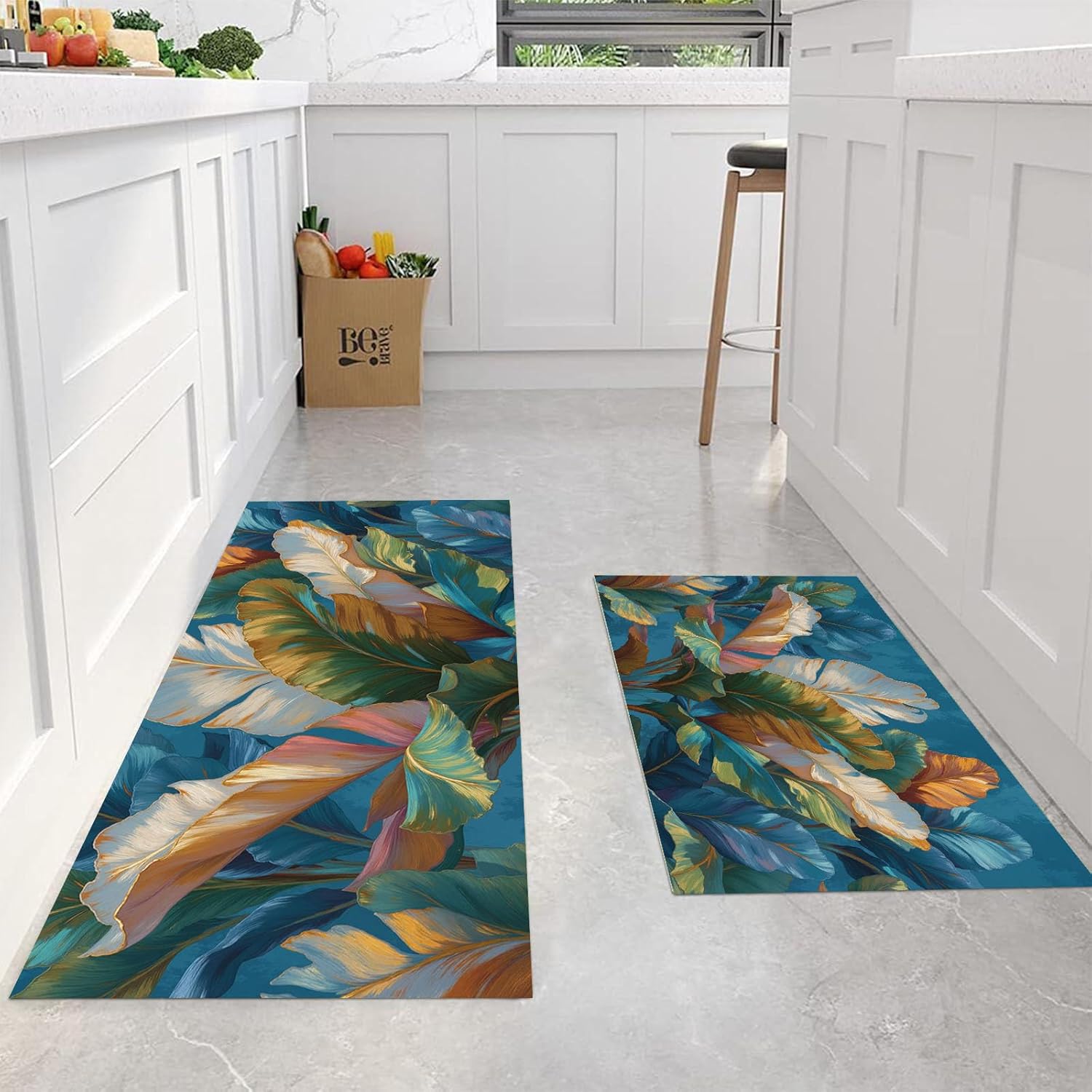 Tropical Style Kitchen Rugs Washable Lush Palm Leaves Kitchen Mats Floor Non-Slip Carpet Runner Absorbent Floor Mats with TPR Non Skid Backing,Set of 2(20"x59"+20"x32", Dark Blue)