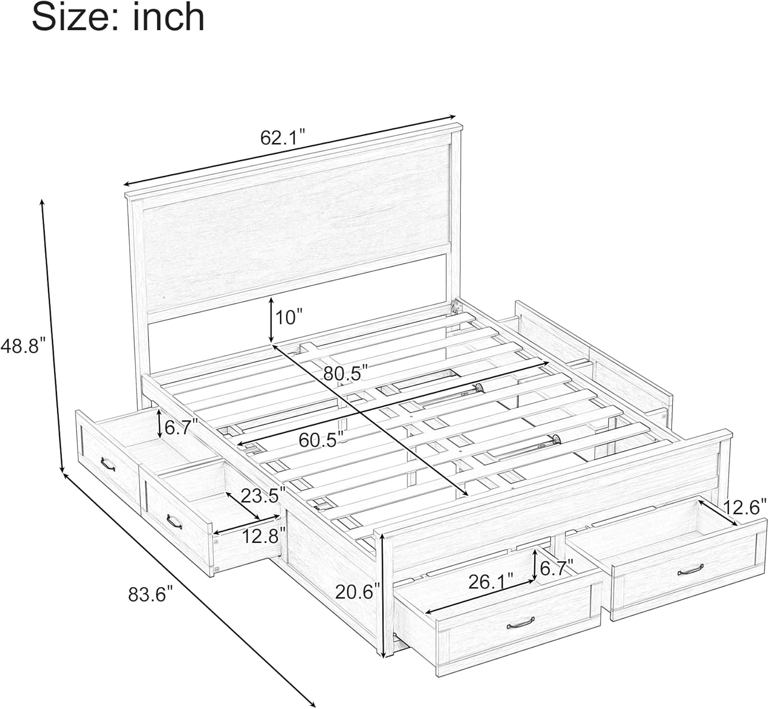 Queen Storage Bed Frame with 6 Drawers, Solid Wood Platform & Slat Support, No Box Spring Needed (Seadrift)