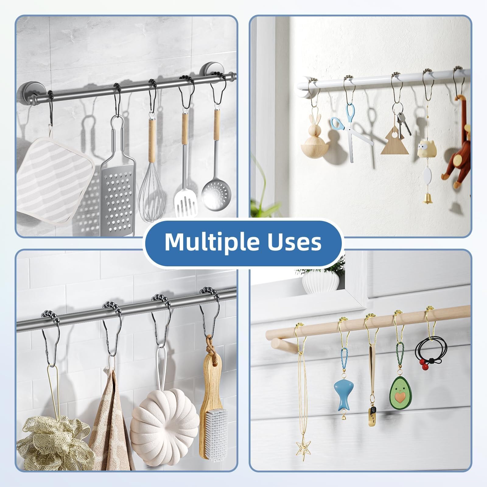 24-Piece Stainless Steel Shower Curtain Hooks Set - Polished Nickel, Easy Slide Rings