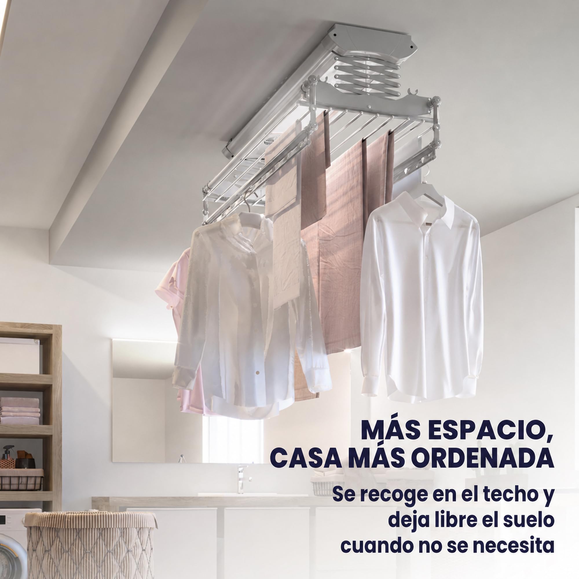 foxydry Air, tendedero eléctrico de Techo, con Mando, 122 cm | ahorra espacio, de aluminio, motorizado, extensible, apto para sábanas, soporta 35 kg, gris