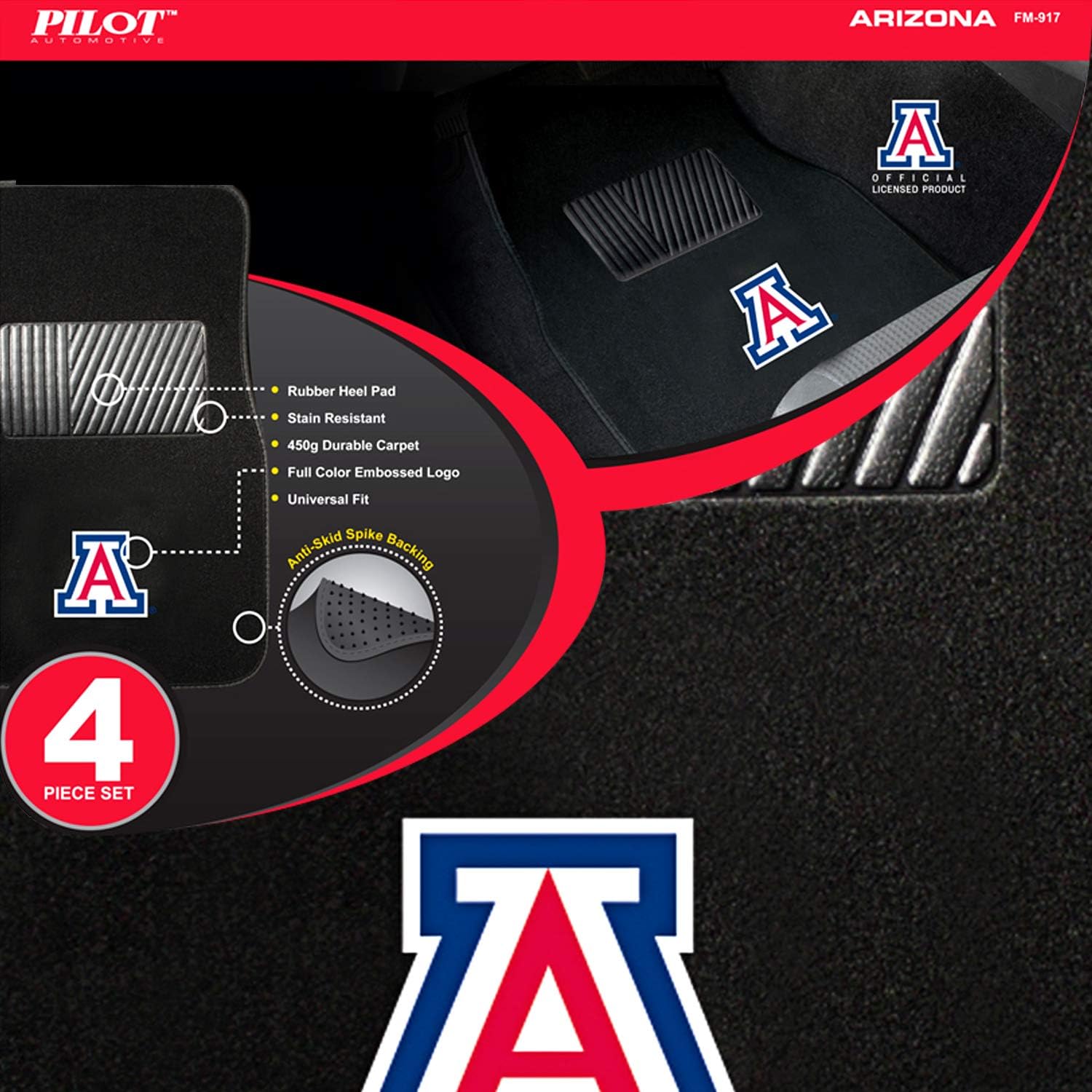 Pilot Alumni Group FM-917 Universal Fit Four Piece Floor Mat Set (Collegiate Arizona Wildcats)