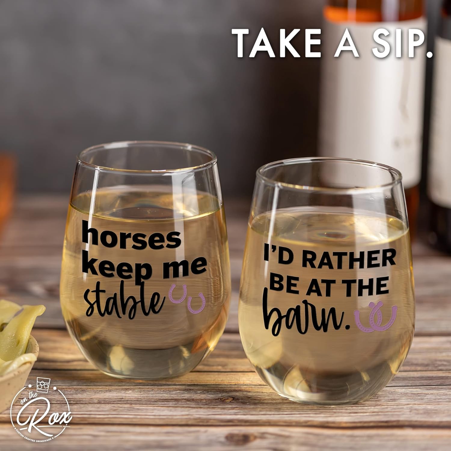 Horse Lovers' Gift: 'Stable' & 'Barn' 17Oz 2PC Stemless Wine Glass Set, Colored by On The Rox Drinks