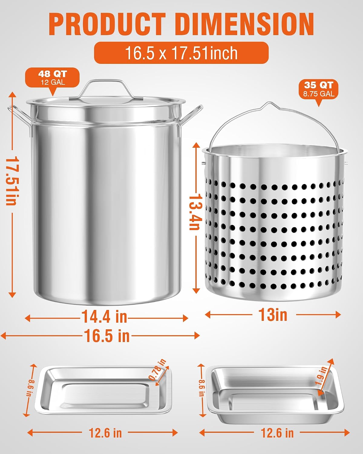 Diagram showing the dimensions of the PYY Seafood Boil Pot, inner basket, and food pans