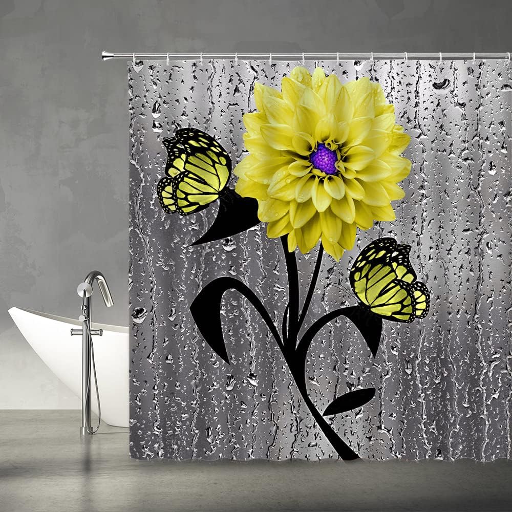 AMFD Yellow Flower Shower Curtain Dahlia Floral Butterfly Gray Water Beads Background Creative 3D Vivid Print Art Black Fabric Bathroom Curtain Set Machine Washable Include Hooks,（78" Wx70 H）