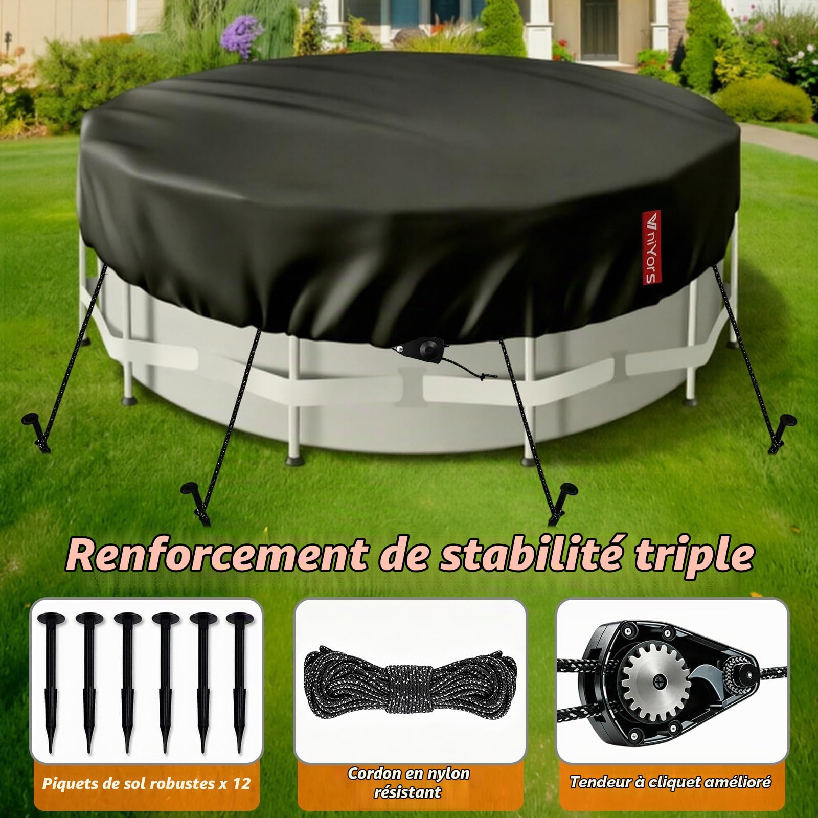 Bâche de piscine pour réservoir de piscine - En tissu Oxford 420D - Protection UV - Avec cordon de serrage et clous de sol pour stabilité et installation facile - Noir - 660 cm