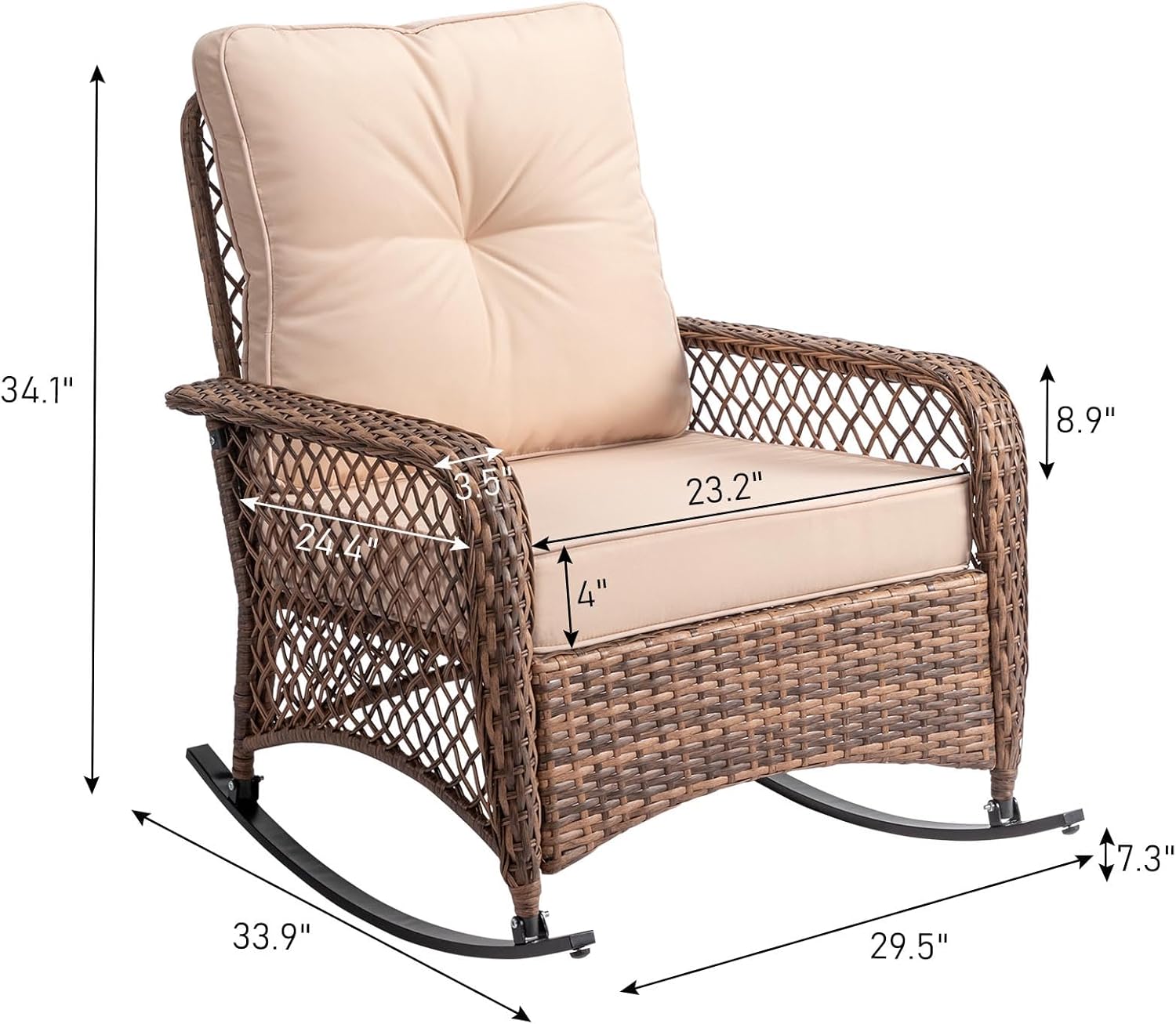 DHAEY All-Weather Outdoor Rocking Chair - Rust-Resistant Steel Frame, Hand-Woven Rattan, UV & Water Resistant, 33.9” x 29.5” Compact Size, Includes Removable Cushion, Suit for for Garden, Deck, Porch
