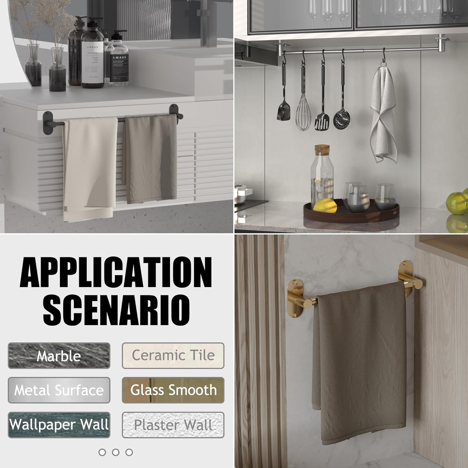 Towel Bar, Adjustable 14.4inch - 25.2inch Towel Rack, Self Adhesive & Wall Mounted for Bathroom Kitchen Hand Towel Holder Cloths Hanger 304 Stainless Steel Organizer Single Bar (1, Gold)