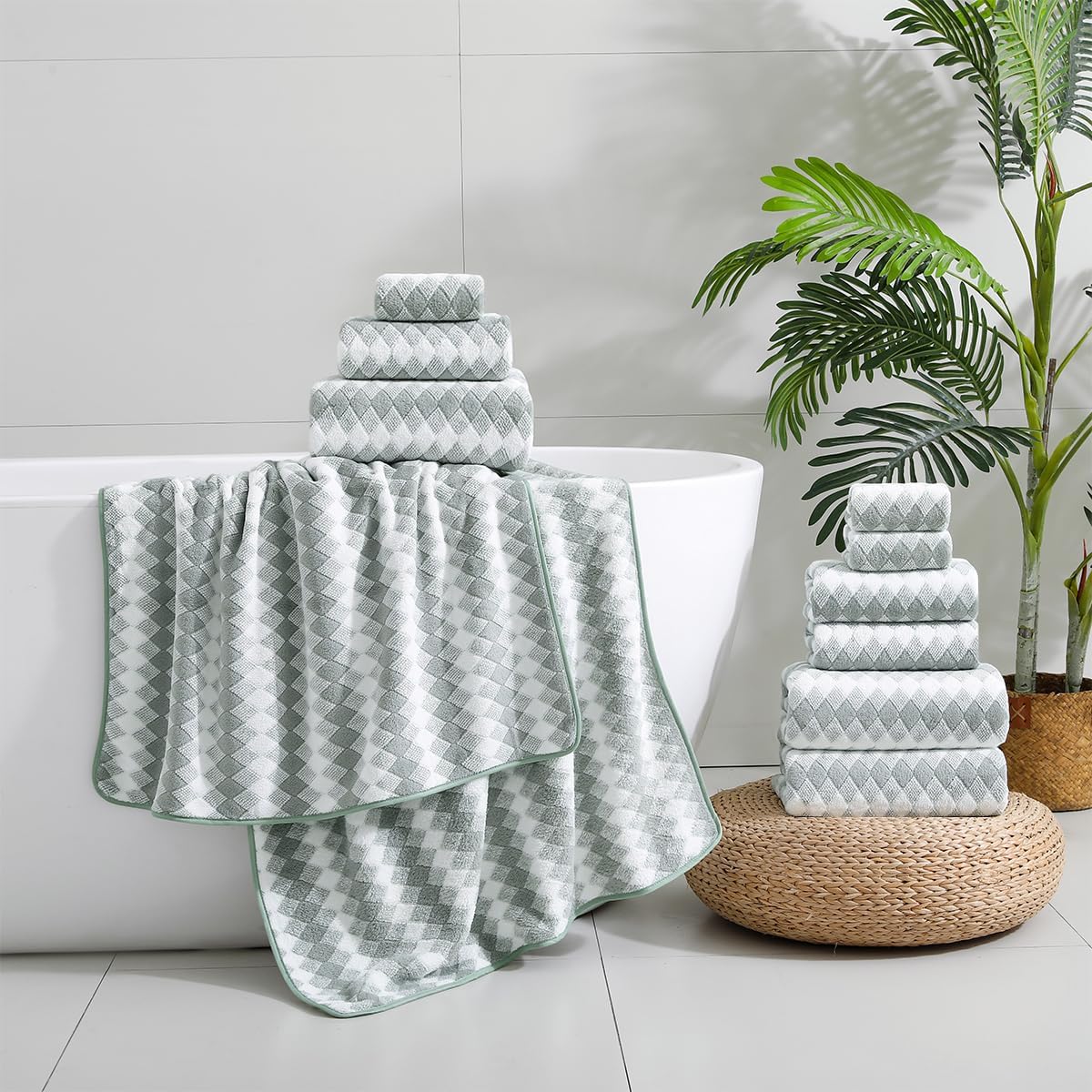 12 Pcs Green White Diamond Towel Set-4 Bath Towels,4 Hand Towels,4 Washcloths Soft Polyester Towels with Loop Absorbent Shower Towel Quick Dry Beach Chair Towel Family Towels for Bathroom Spa Gym Pool