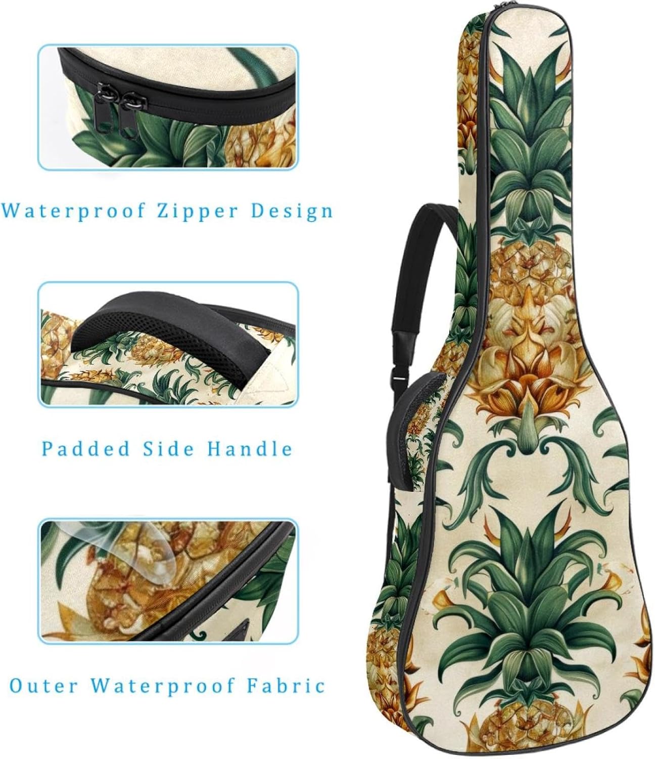 Acoustic Guitar Bag 0.4 Inch Thick Padding Waterproof Guitar Case Gig Bag for 40 41 42 Inch Electric Bass Classical Guitar, Pineapple Aesthetic Pattern