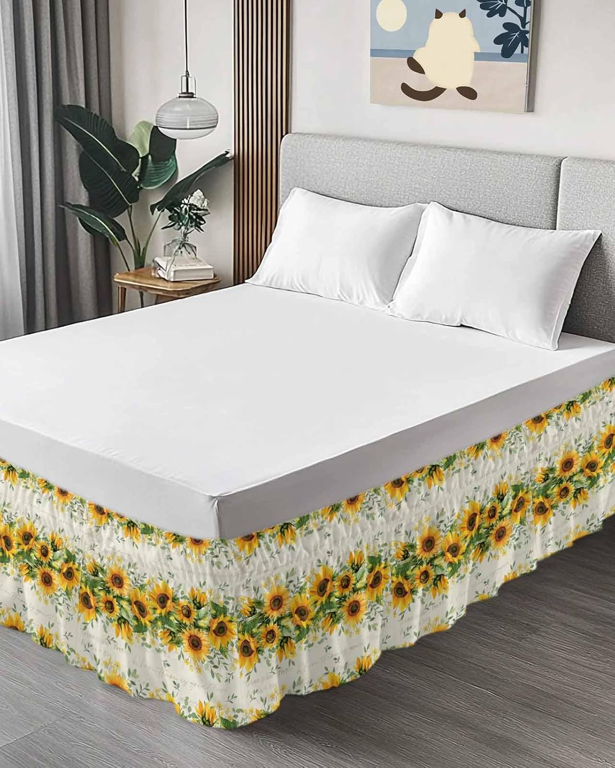 Vintage Sunflowers Bed Skirt Queen Size, 16-Inch Drop Elastic Bed Skirting Summer Florals Dust Ruffles Bedding Decoration with Wrap Around Adjustable Bedskirt for Queen Bed