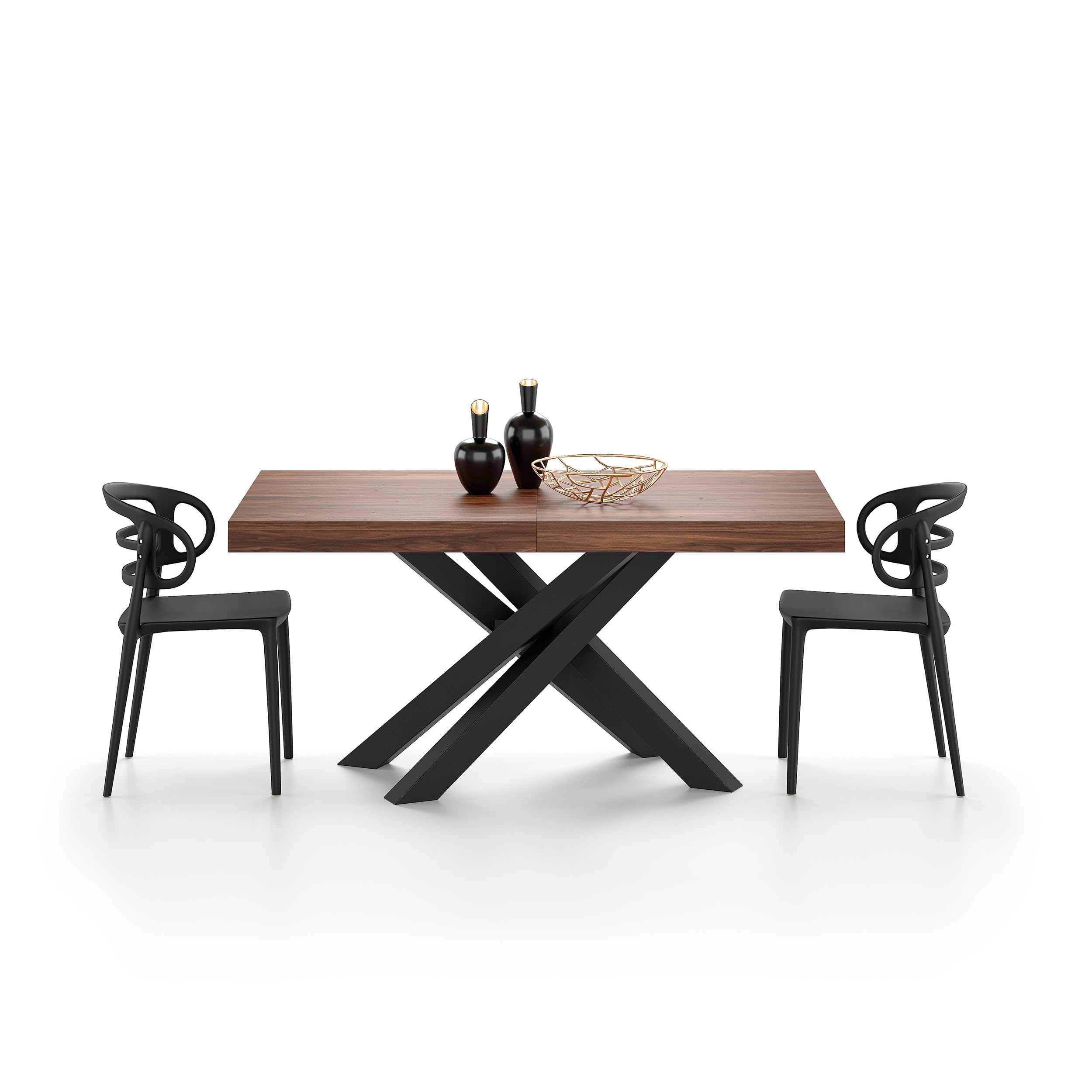 Mobili Fiver, Tavolo Allungabile Emma 160(240) x90 cm, Noce Canaletto con Gambe Incrociate Nere, per 6-10 persone, Tavolo Cucina, Soggiorno, Made in Italy