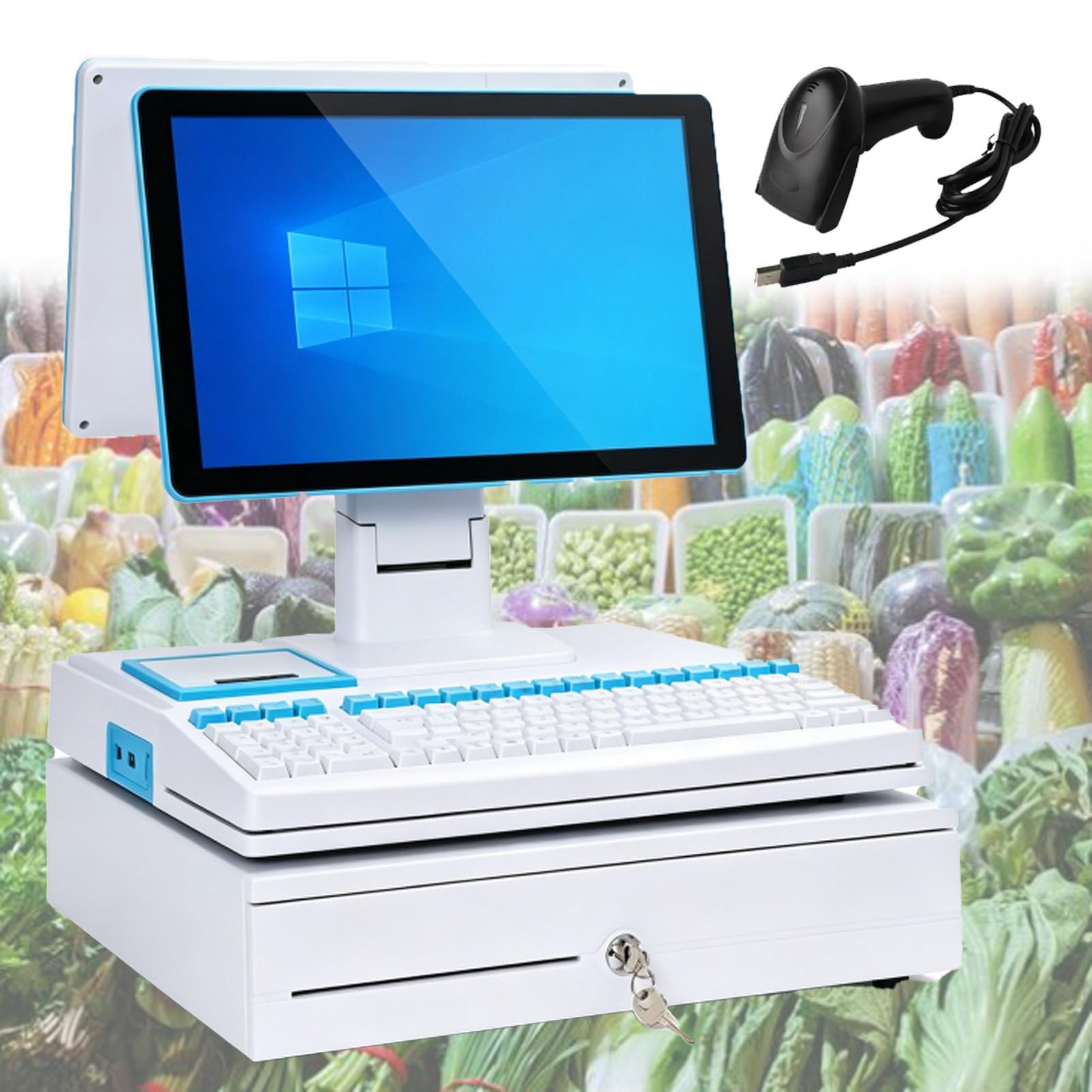 Pvxa White 15.6 Inch Touch Screen, Cash Register, Keyboard, Built-In 58Mm Printer, Complete Package, Pos Computer, Factory Point Of Sale, Cash Register, For Small Business Dualscreen